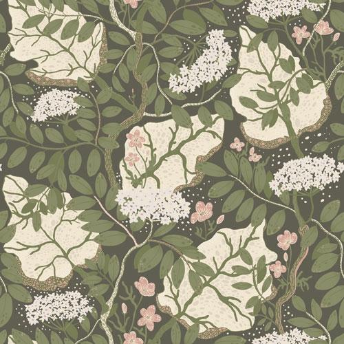 Ulla-Britt tapet med blommigt mönster i grön. Från kollektionen Lina. Nonwoven-material med rak passning.