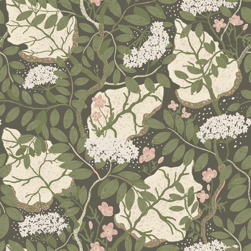 Ulla-Britt tapet med blommigt mönster i grön. Från kollektionen Lina. Nonwoven-material med rak passning.