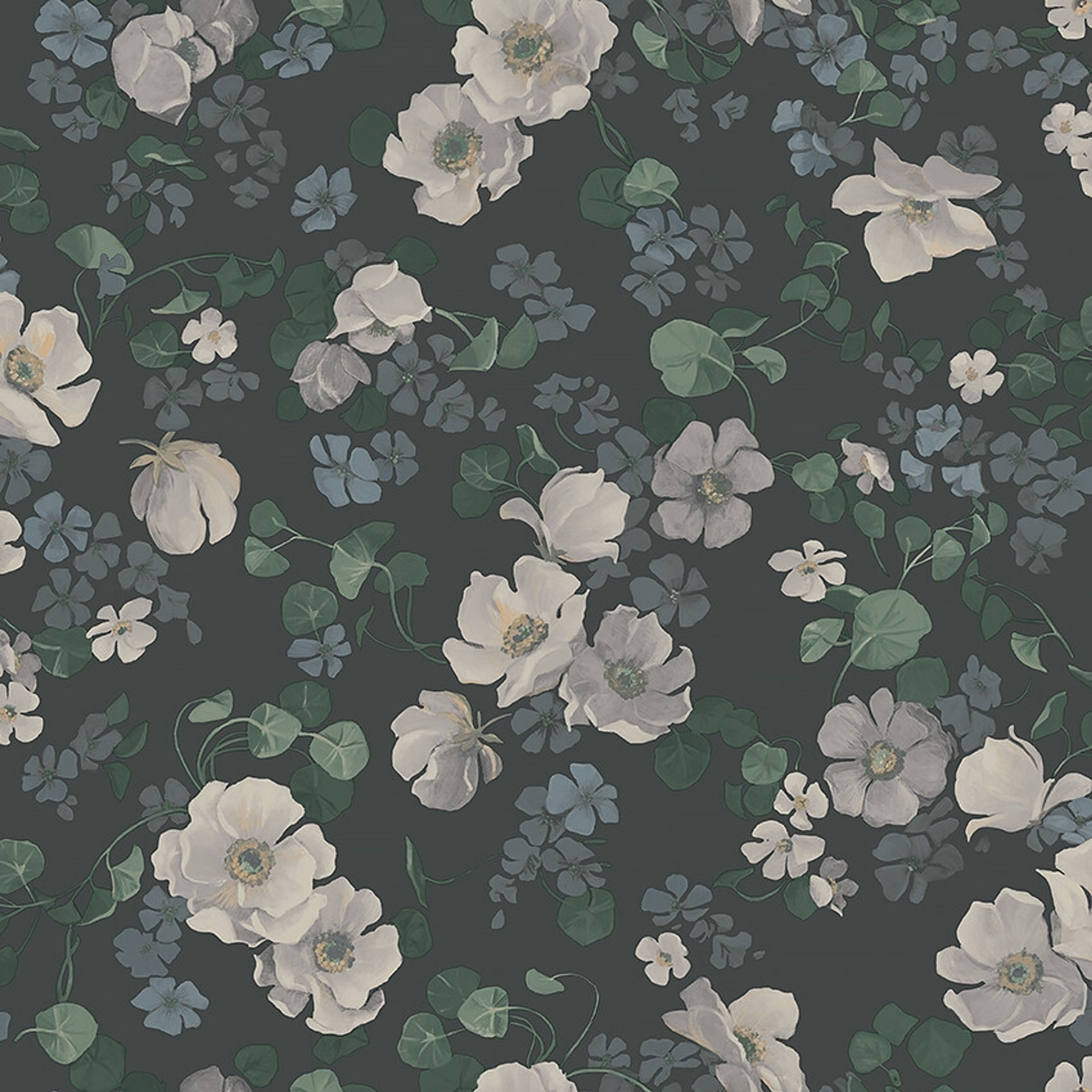 Enchanting Flower tapet tapet med blommigt mönster i grå. Från kollektionen Dreamy Escape. Nonwoven-material med förskjuten passning. Passar i vardagsrum och matsal.