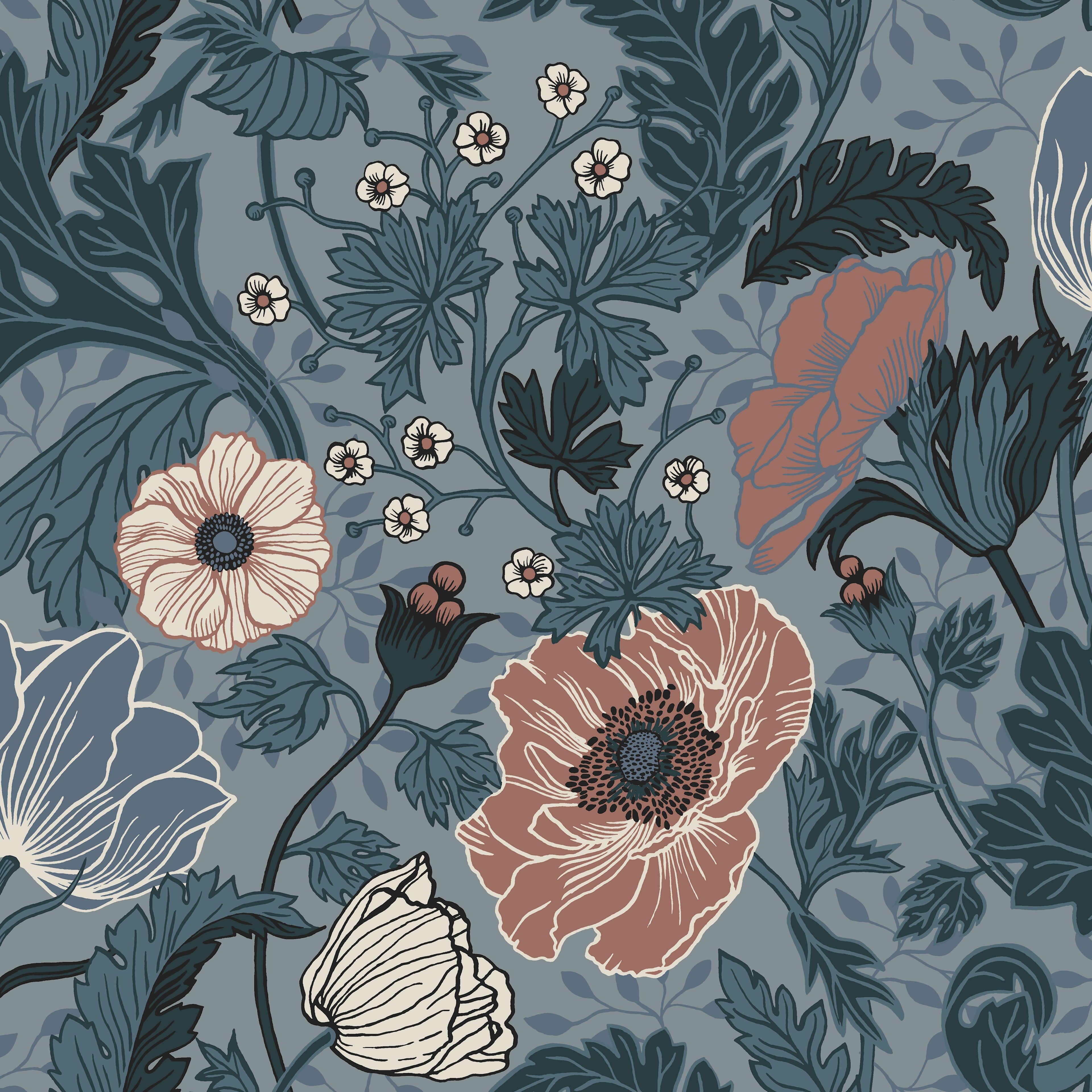 Anemone, blå tapet från Midbec med blommigt mönster i blå. Från kollektionen Apelviken. Nonwoven-material med förskjuten passning.