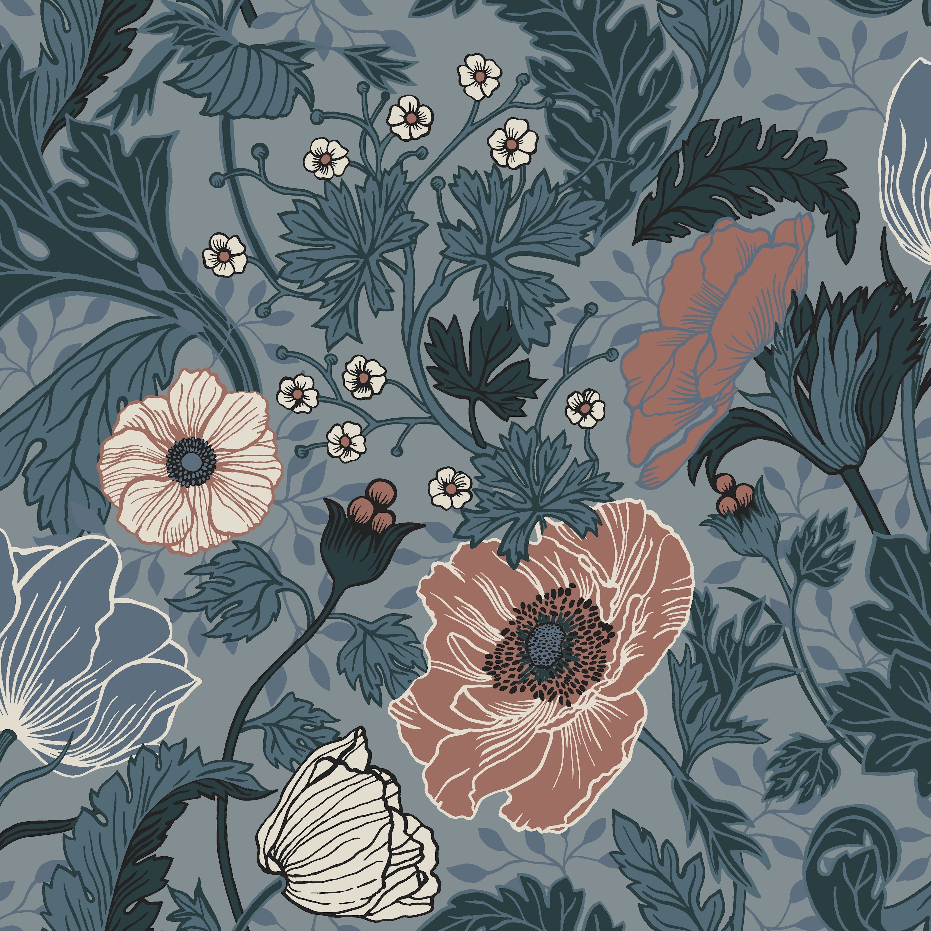 Anemone, blå tapet från Midbec med blommigt mönster i blå. Från kollektionen Apelviken. Nonwoven-material med förskjuten passning.