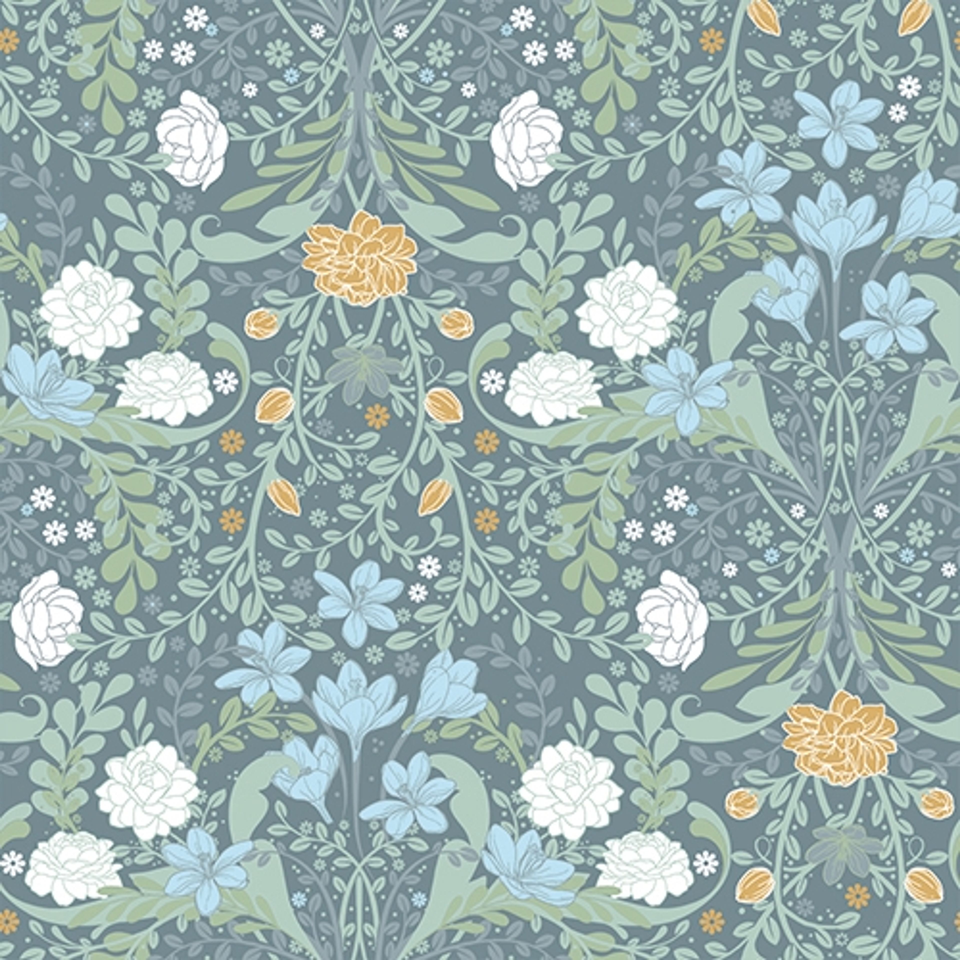 Sunnanö Frösö, gråblå tapet med blommigt mönster i blå. Från kollektionen Sunnanö. Nonwoven-material med rak passning.