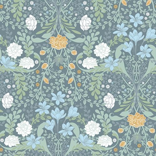Sunnanö Frösö, gråblå tapet med blommigt mönster i blå. Från kollektionen Sunnanö. Nonwoven-material med rak passning.