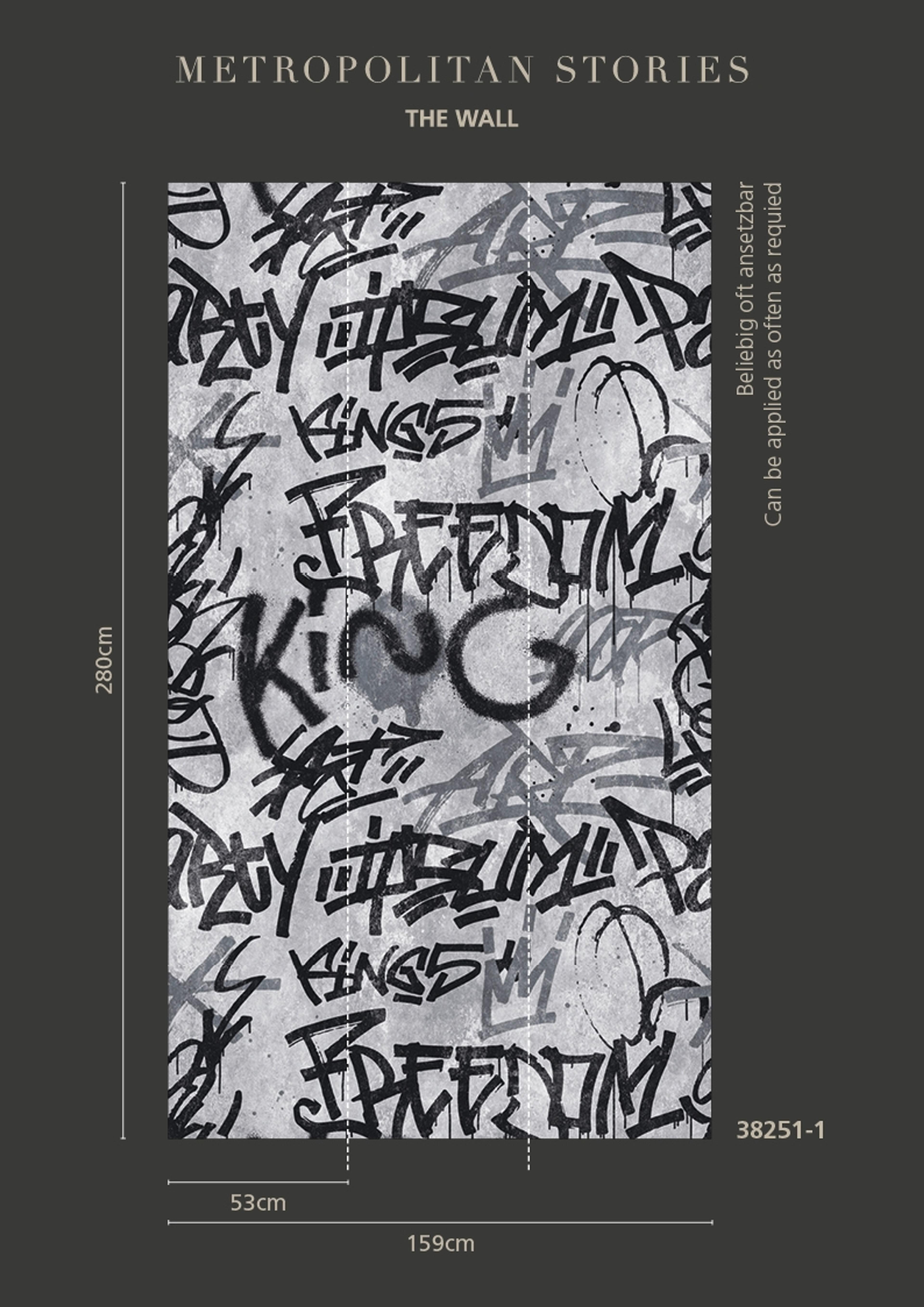 Eyecatcher tapet med illustration, grafiskt mönster i svart och grå. Från kollektionen The Wall. Nonwoven-material. Passar i vardagsrum och matsal.