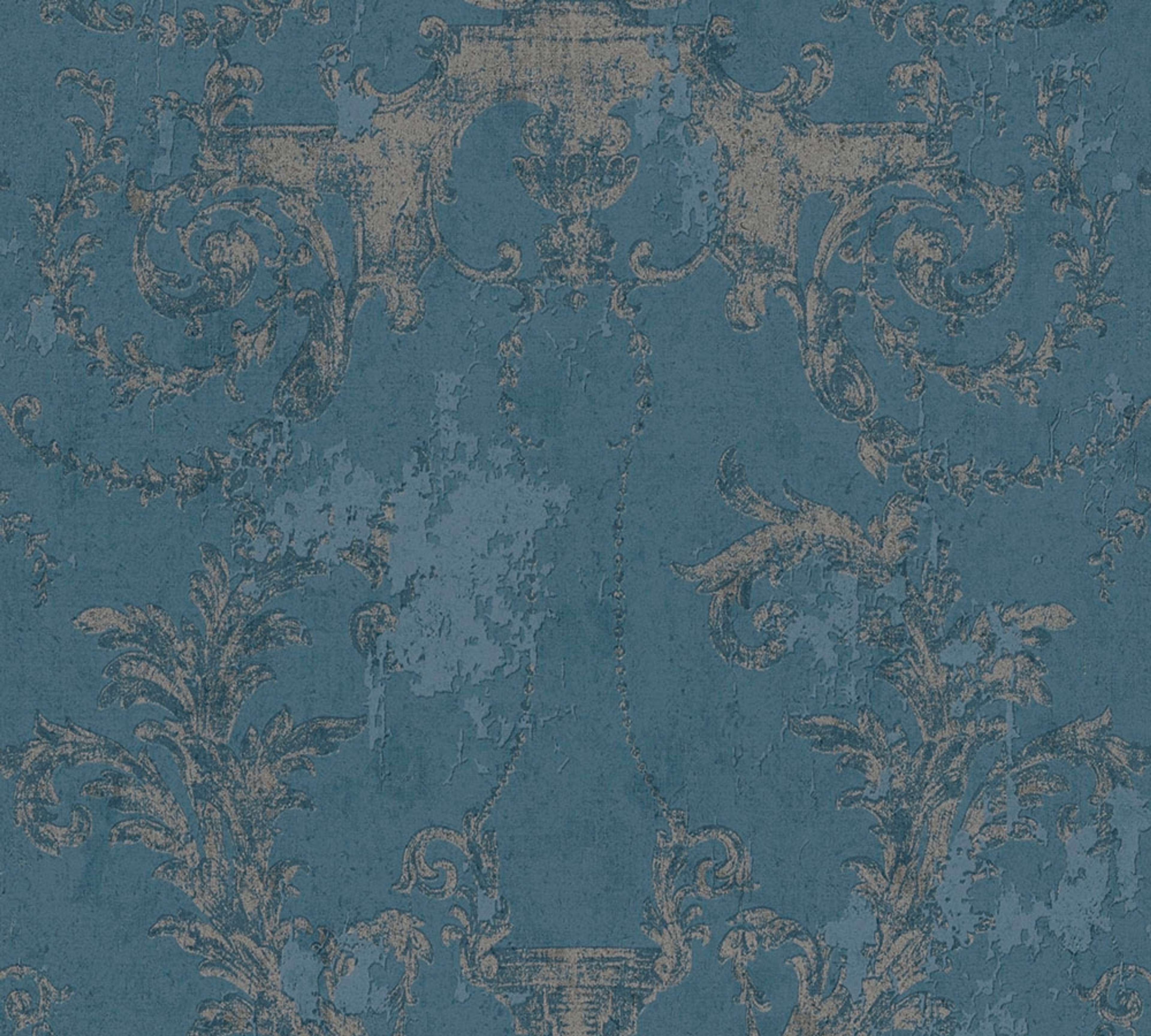 Vintage Medallion, strukturtapet i blå tapet med medaljonger mönster i blå. Från kollektionen history of art. Nonwoven-material med förskjuten passning. Passar i vardagsrum och matsal.