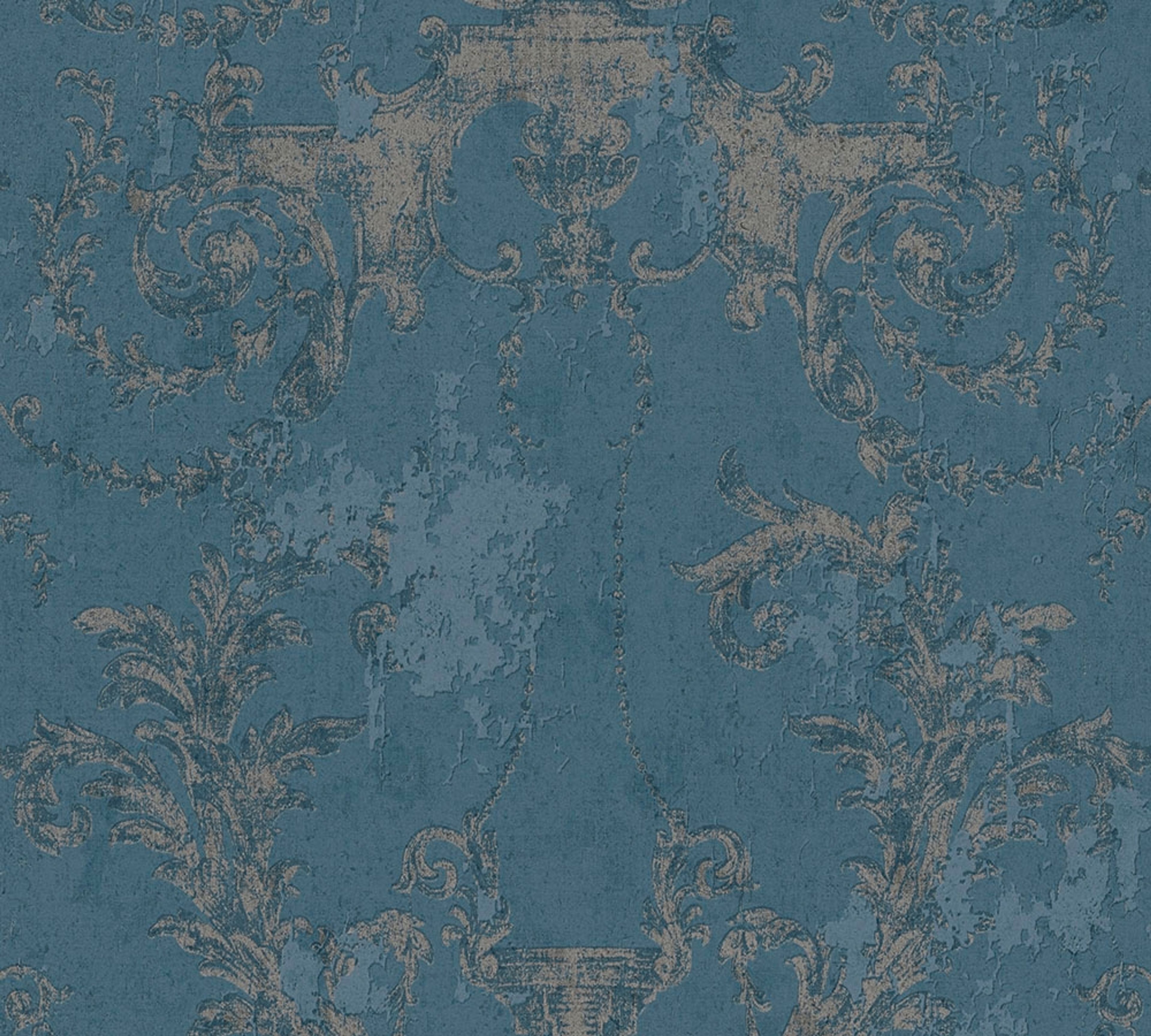 Vintage Medallion, strukturtapet i blå tapet med medaljonger mönster i blå. Från kollektionen history of art. Nonwoven-material med förskjuten passning. Passar i vardagsrum och matsal.