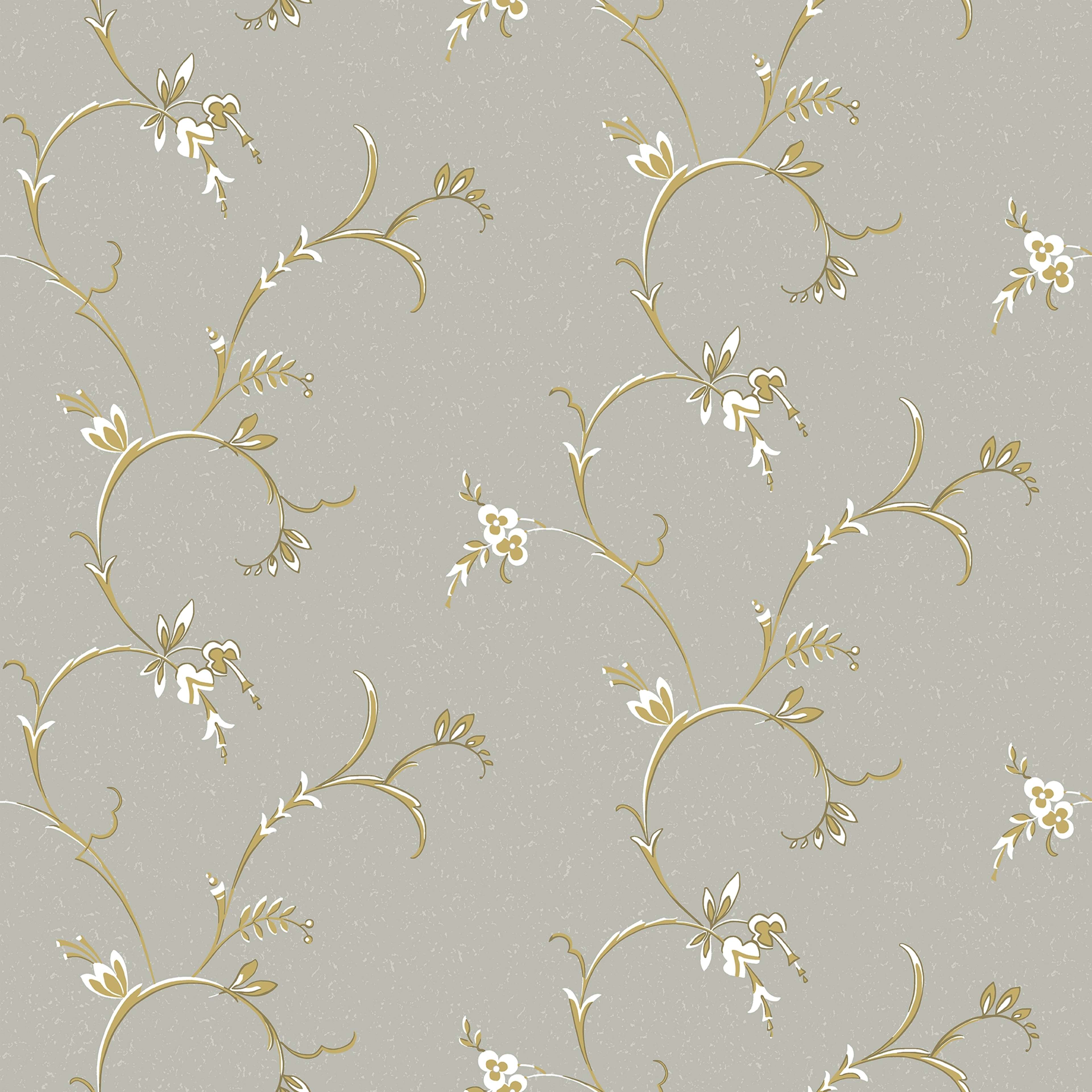 Ekbacken Grå tapet med blommigt mönster i grå. Från kollektionen Gammalsvenska klassiker 1850–1950. Nonwoven-material med rak passning.