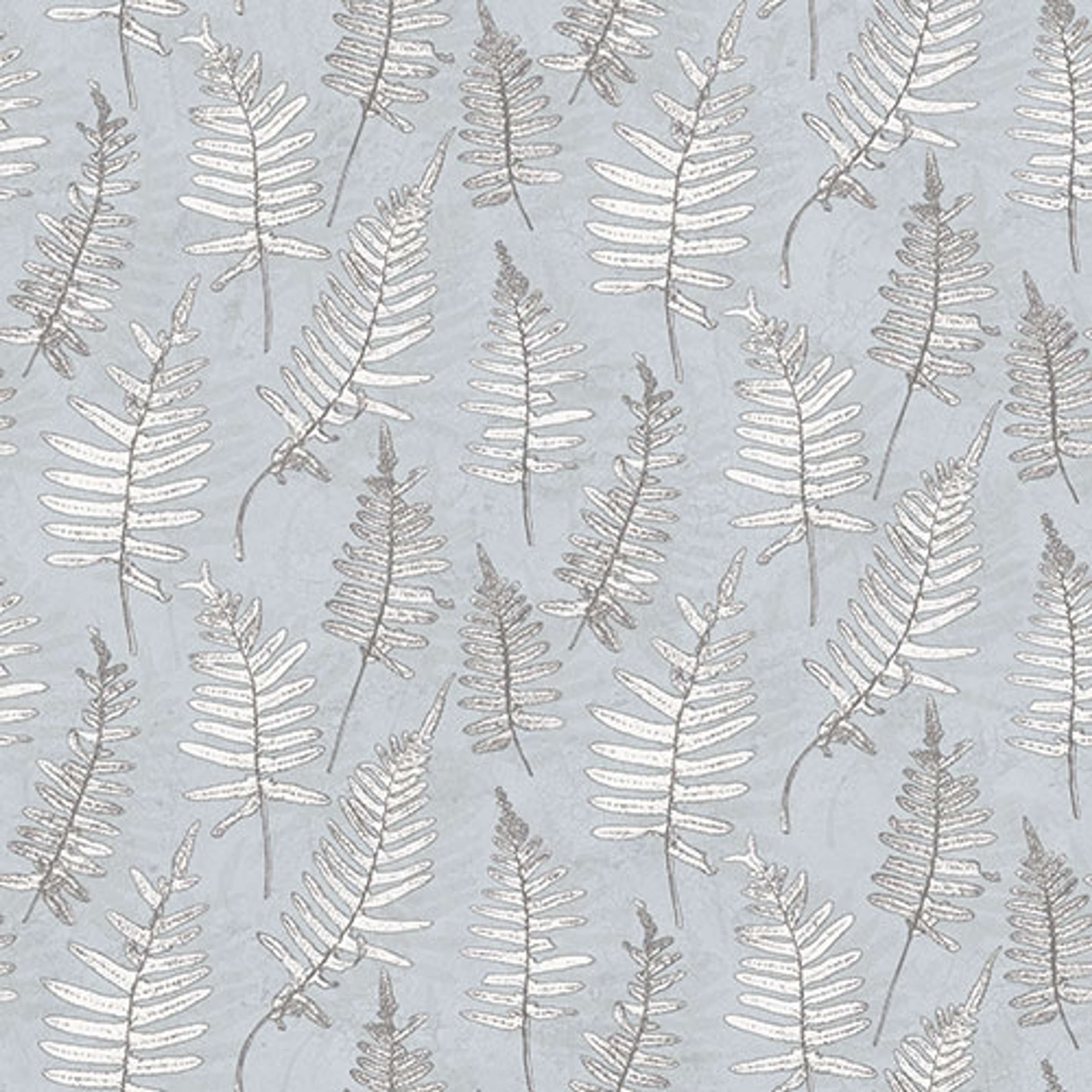 Stensöta tapet med botaniskt mönster i grå och blå. Från kollektionen skogsgläntan. Nonwoven-material med rak passning. City-stil. Passar i vardagsrum, sovrum och matsal.