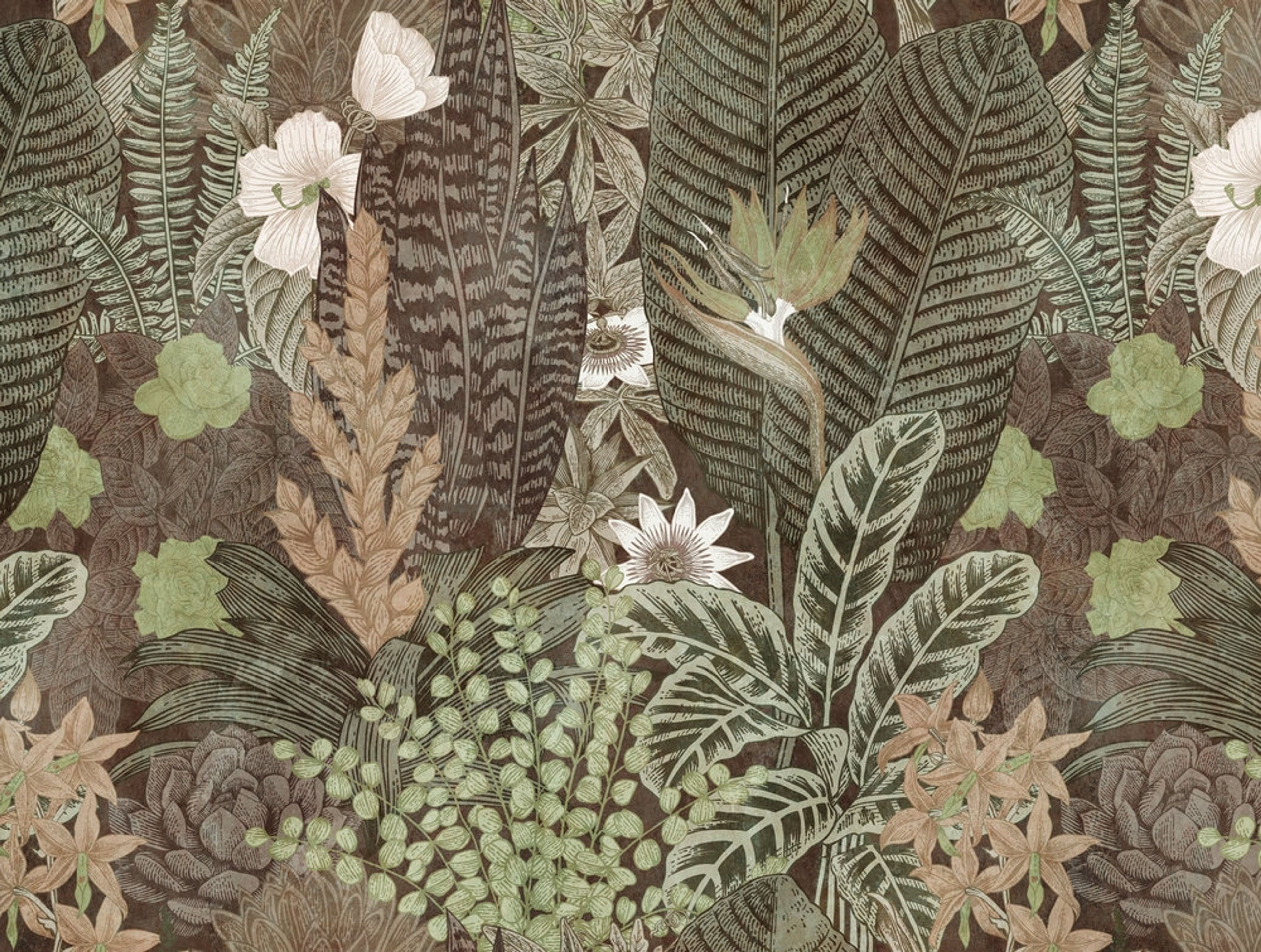 Botanic & Jungle tapet med botaniskt mönster i grön och beige. Från kollektionen The Wall. Nonwoven-material. Passar i vardagsrum och matsal.