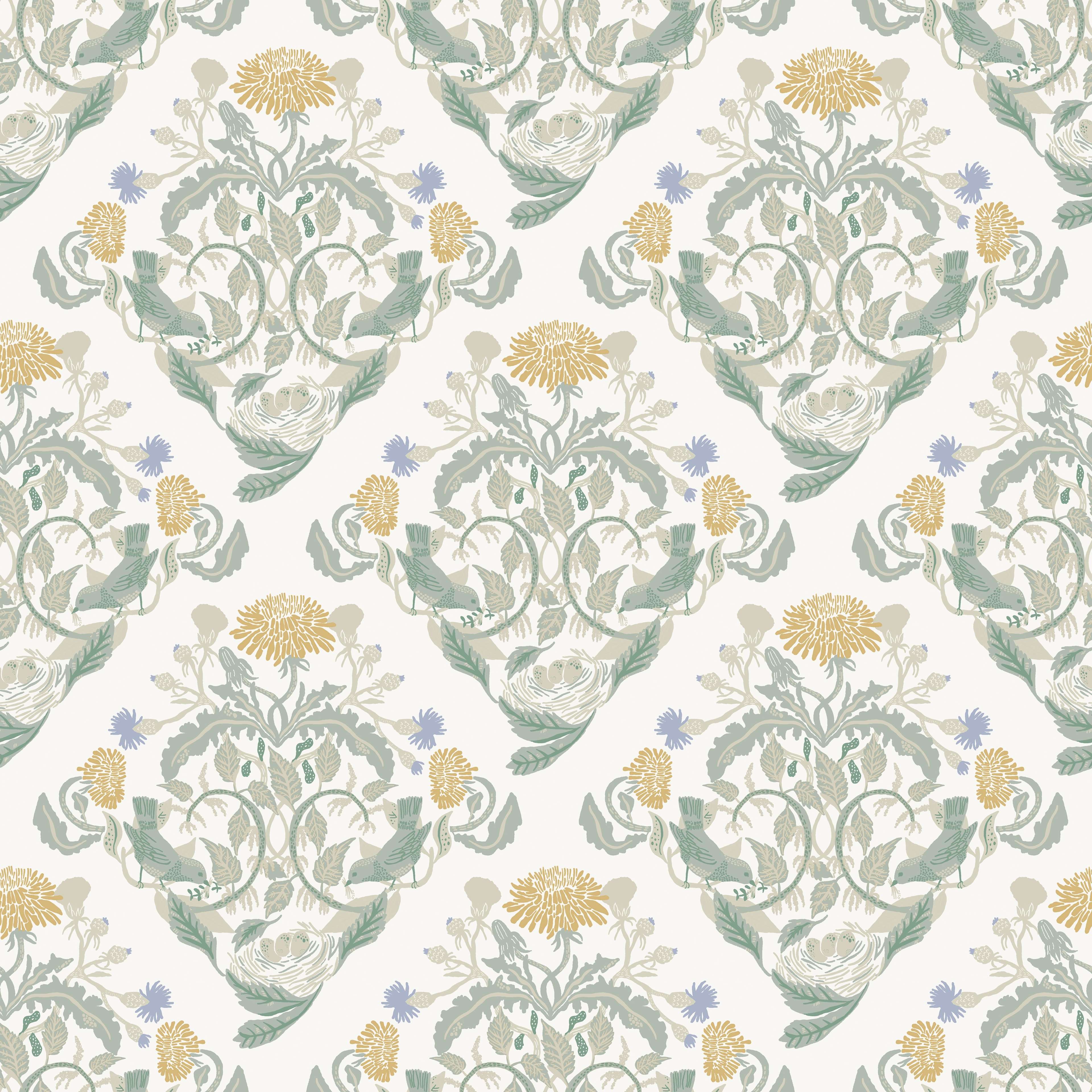 Klara o Tove frodas gul, tapet tapet med blommigt mönster i vit och gul. Från kollektionen Klara o Tove. Nonwoven-material med rak passning. Passar i vardagsrum, sovrum och hall.