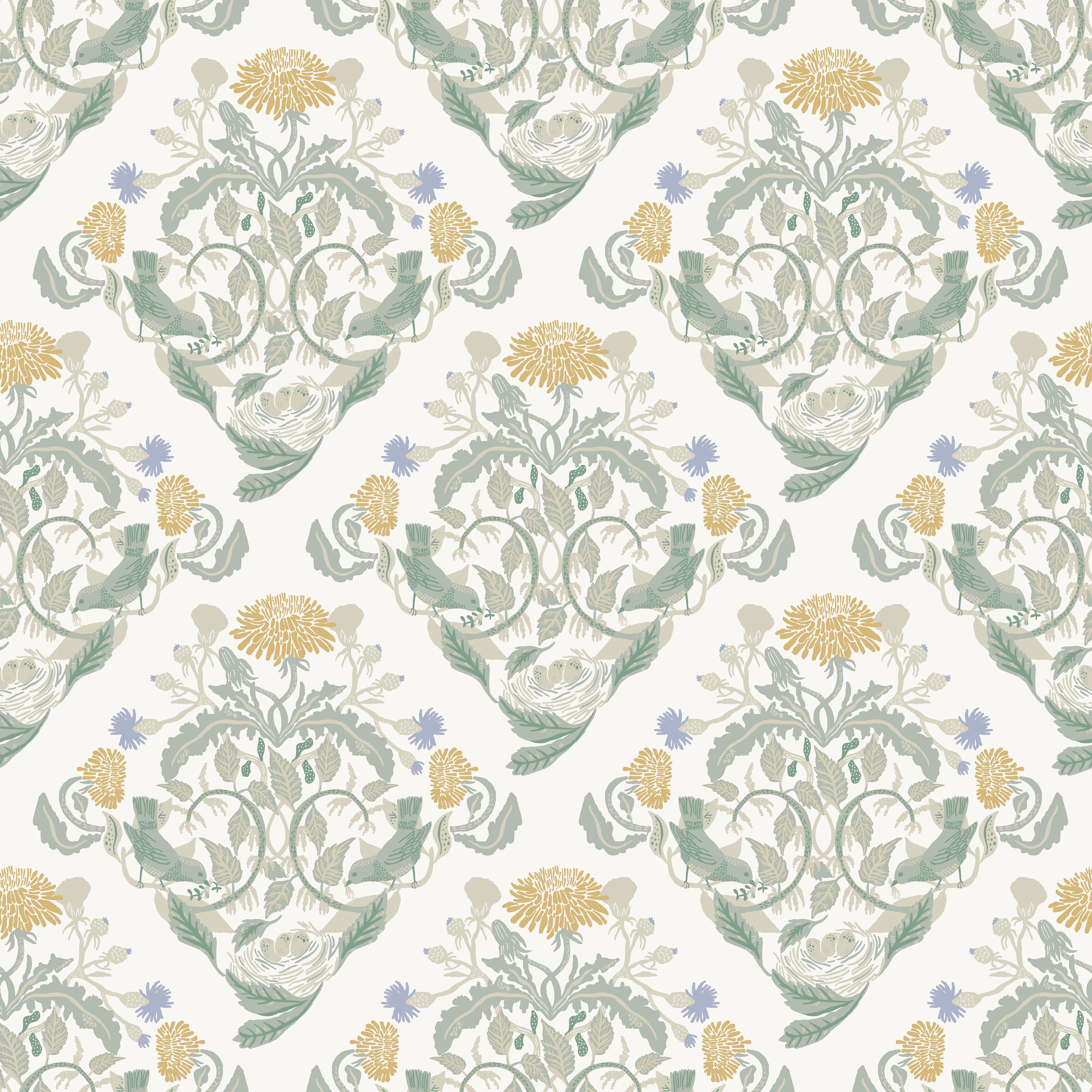 Klara o Tove frodas gul, tapet tapet med blommigt mönster i vit och gul. Från kollektionen Klara o Tove. Nonwoven-material med rak passning. Passar i vardagsrum, sovrum och hall.