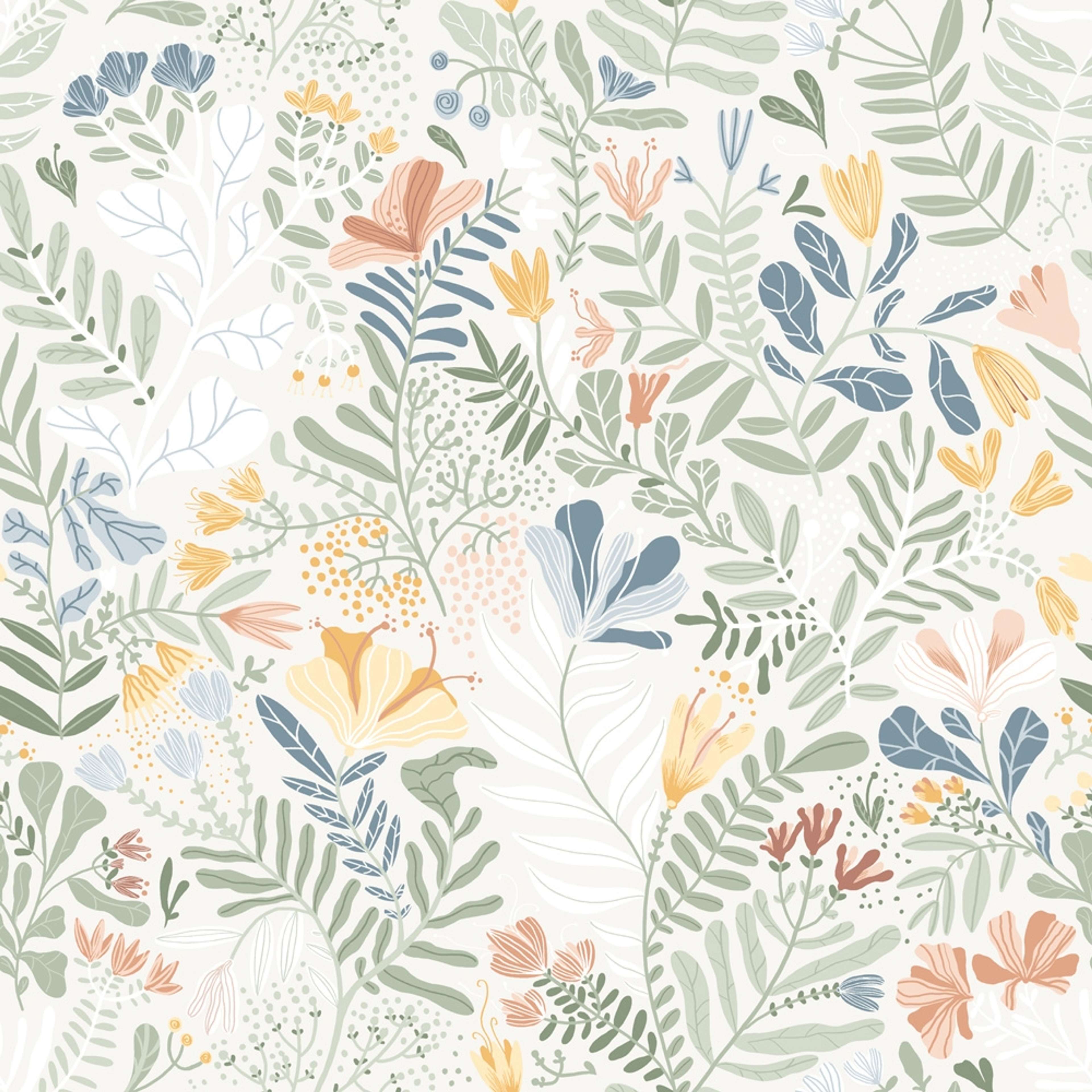 Brittsommar tapet med blommigt mönster i vit. Från kollektionen Fägring. Nonwoven-material med rak passning.