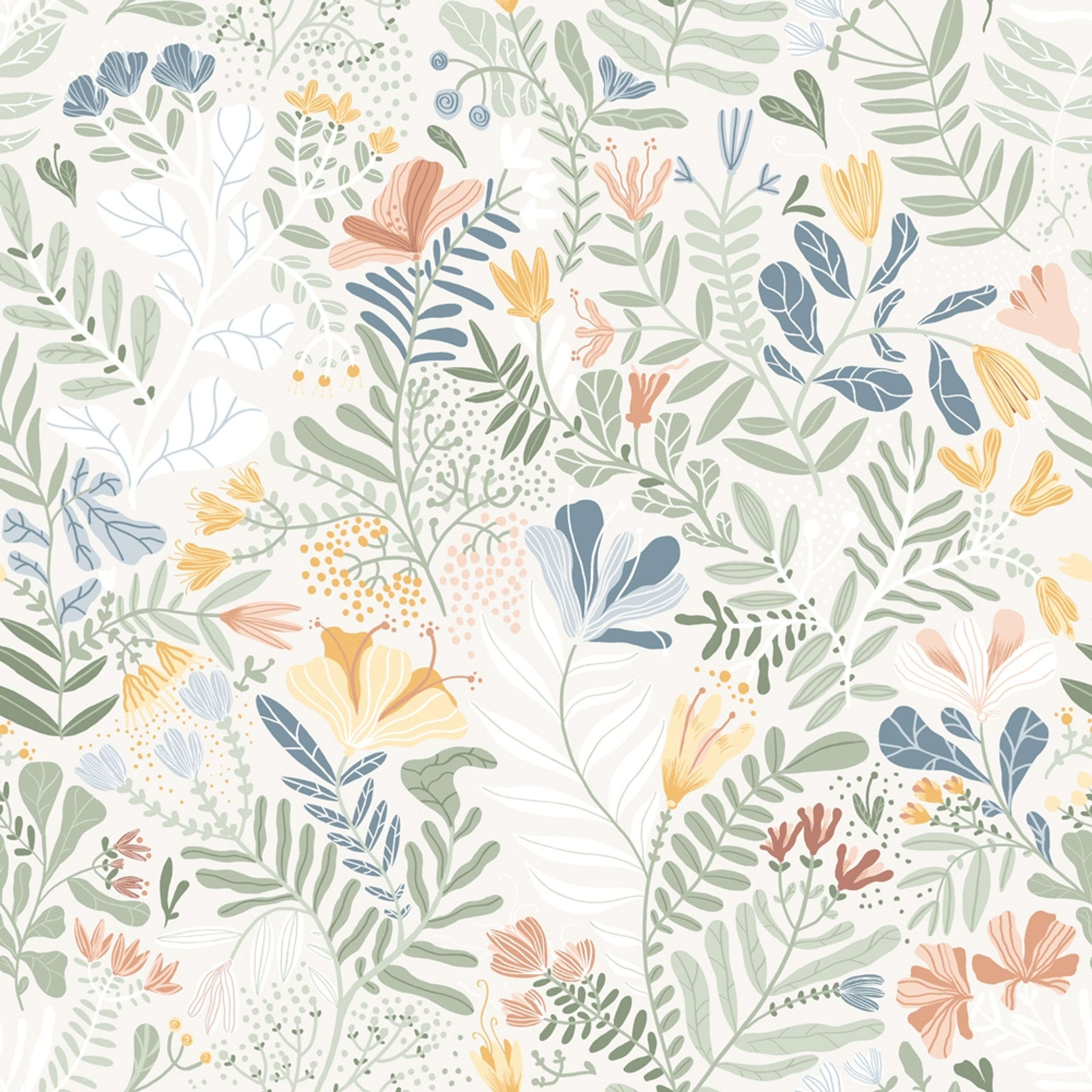 Brittsommar tapet med blommigt mönster i vit. Från kollektionen Fägring. Nonwoven-material med rak passning.
