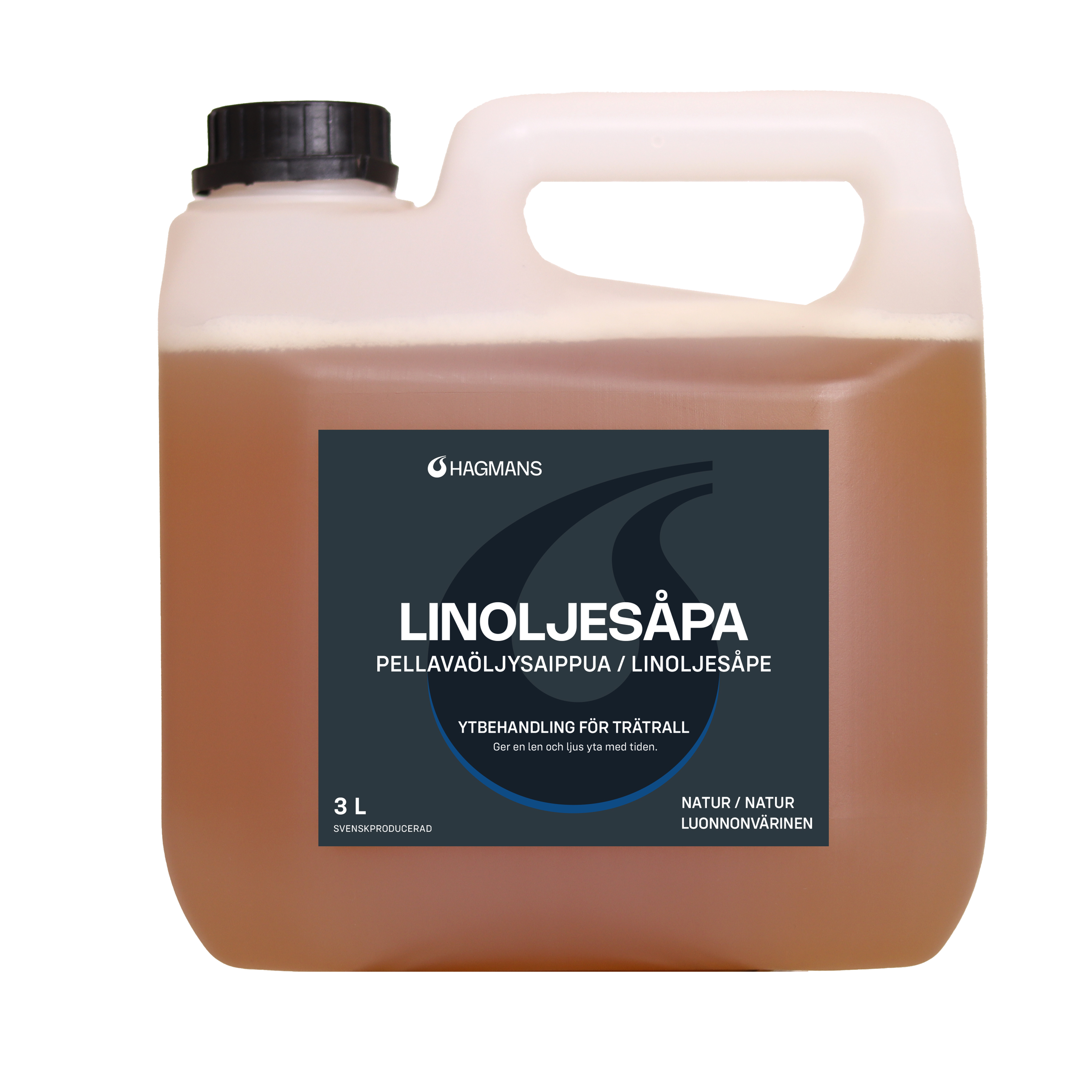 A white 3-liter jerrycan of Hagmans Linseed Oil Soap with a dark label.