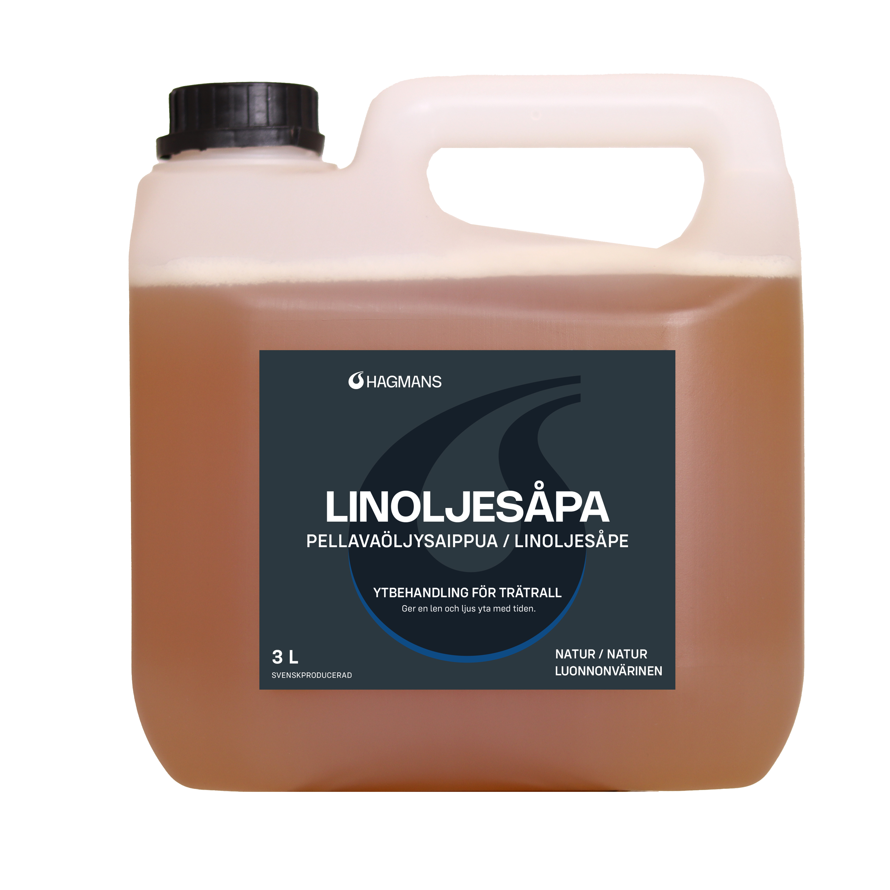 A white 3-liter jerrycan of Hagmans Linseed Oil Soap with a dark label.