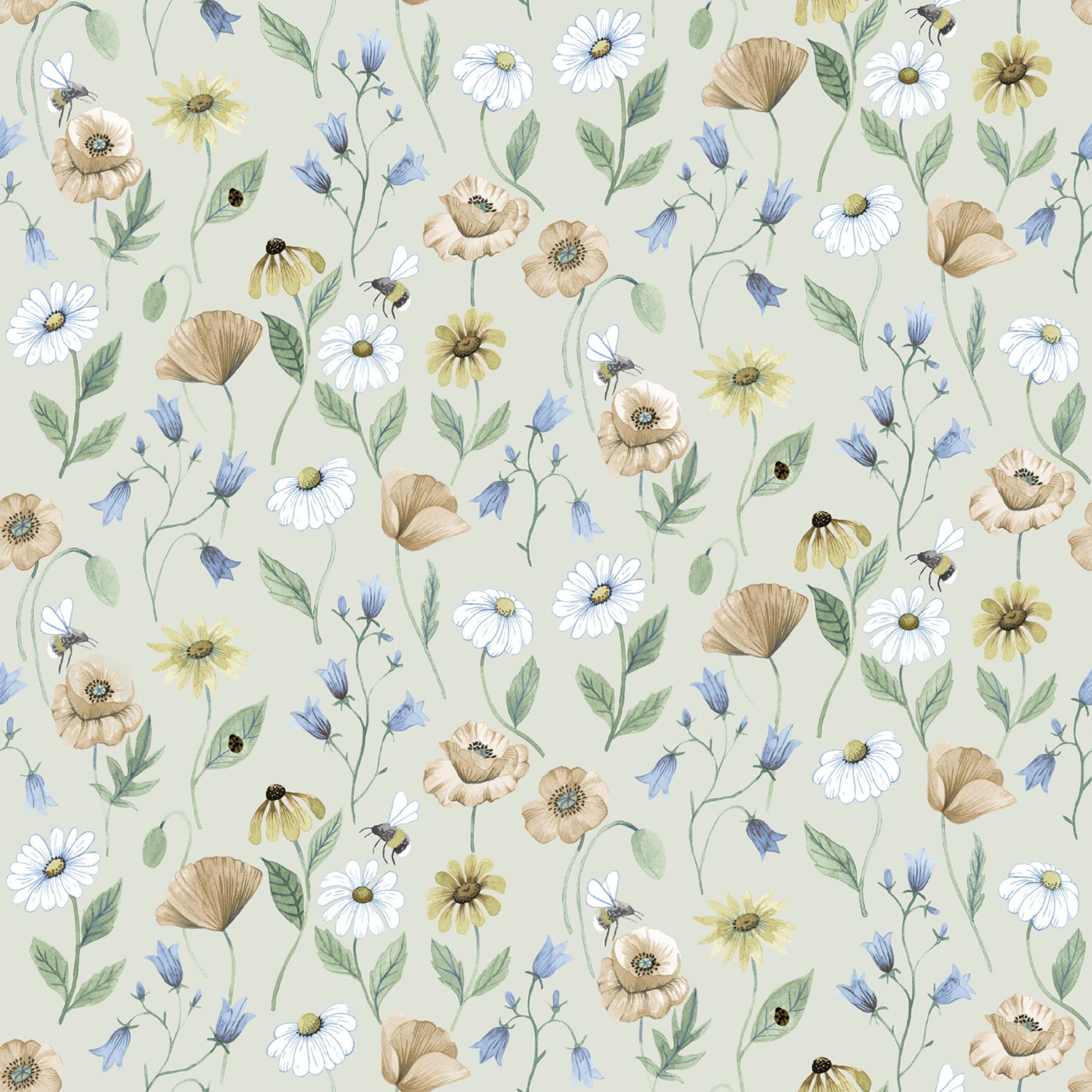 Blåklocka tapet med blommigt mönster i beige. Från kollektionen Rosenlycka. Nonwoven-material med rak passning. Passar i vardagsrum, sovrum och matsal.