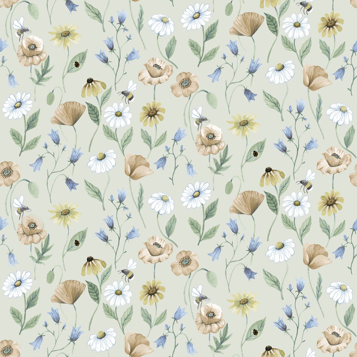 Blåklocka tapet med blommigt mönster i beige. Från kollektionen Rosenlycka. Nonwoven-material med rak passning. Passar i vardagsrum, sovrum och matsal.