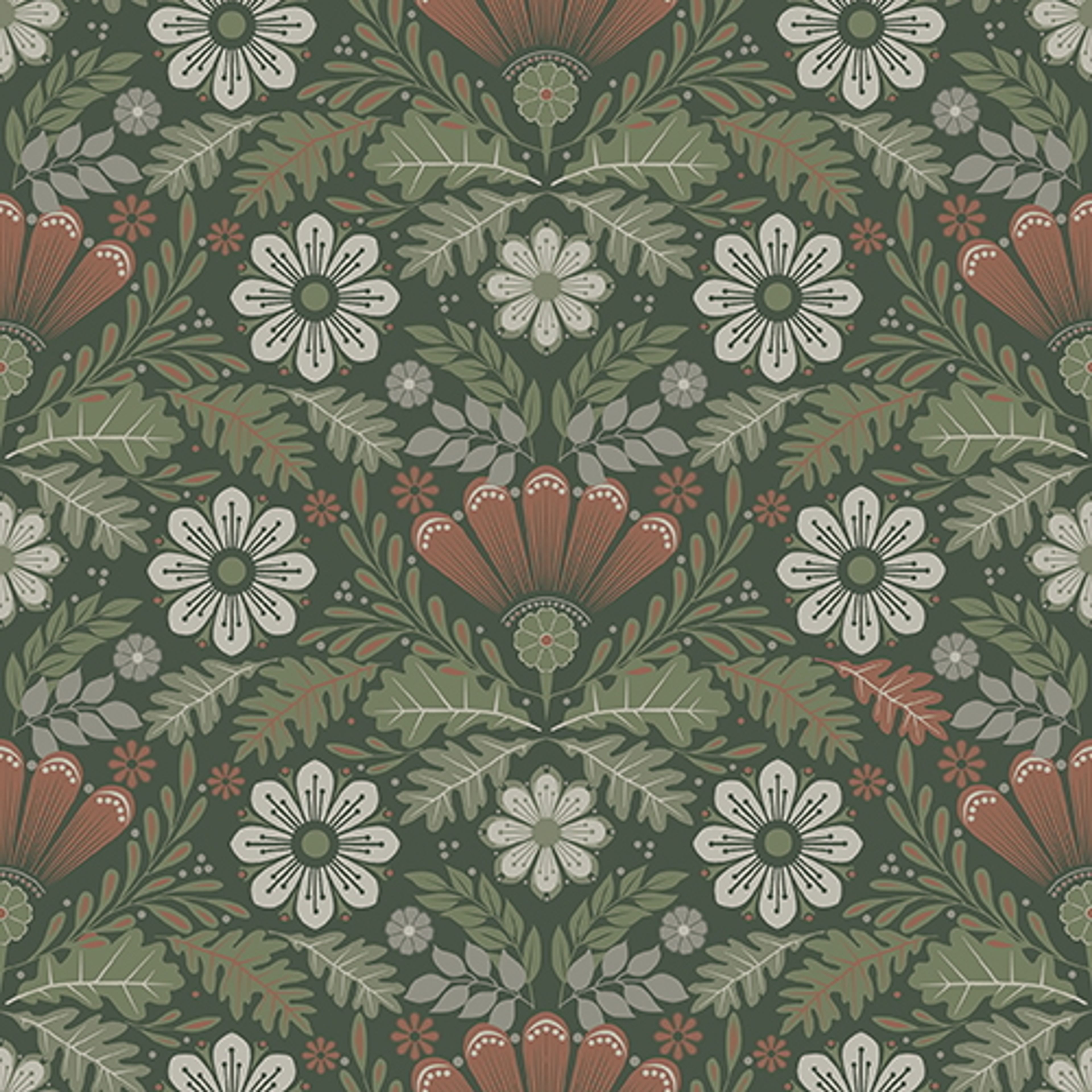 Sunnanö Klockrike, grön tapet med blommigt mönster i grön. Från kollektionen Sunnanö. Nonwoven-material med rak passning.