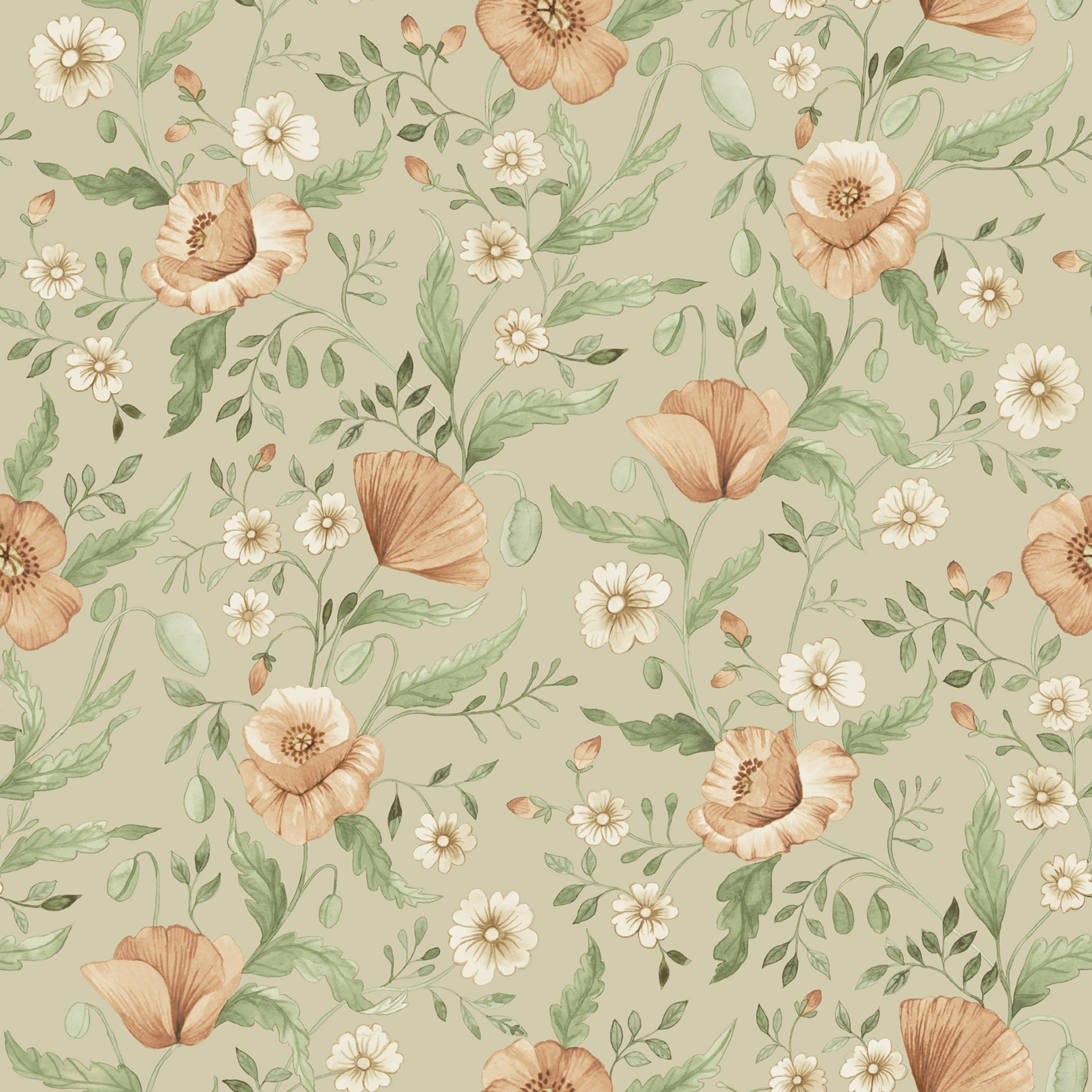 Trädgårdsblommor tapet med blommigt mönster i grön. Från kollektionen Rosenlycka. Nonwoven-material med rak passning. Passar i vardagsrum, sovrum och matsal.