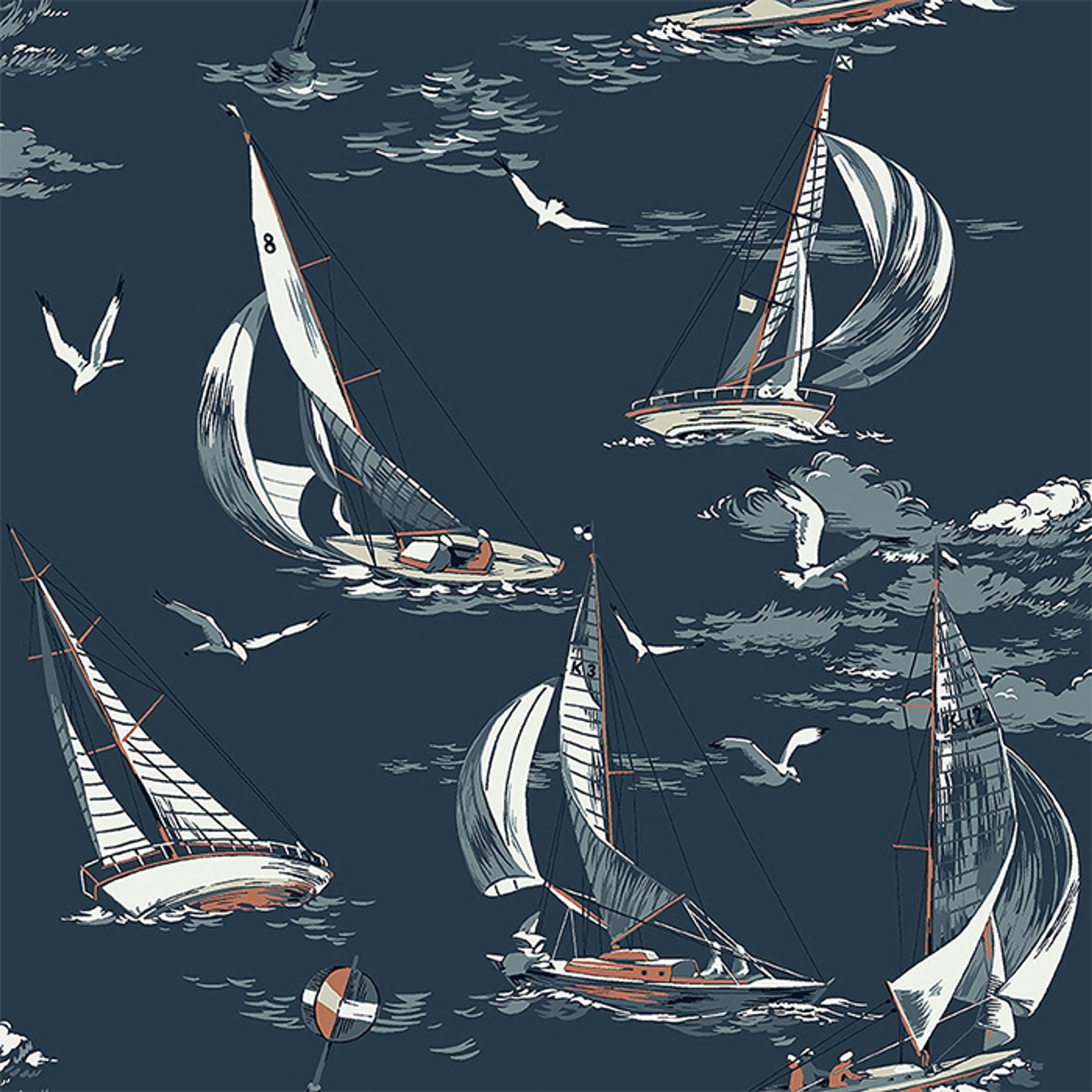 Sailboats tapet från Boråstapeter med nautiskt mönster i blå. Från kollektionen Marstrand II. Nonwoven-material med förskjuten passning. Vintage, country-stil. Passar i vardagsrum, matsal och arbetsrum.