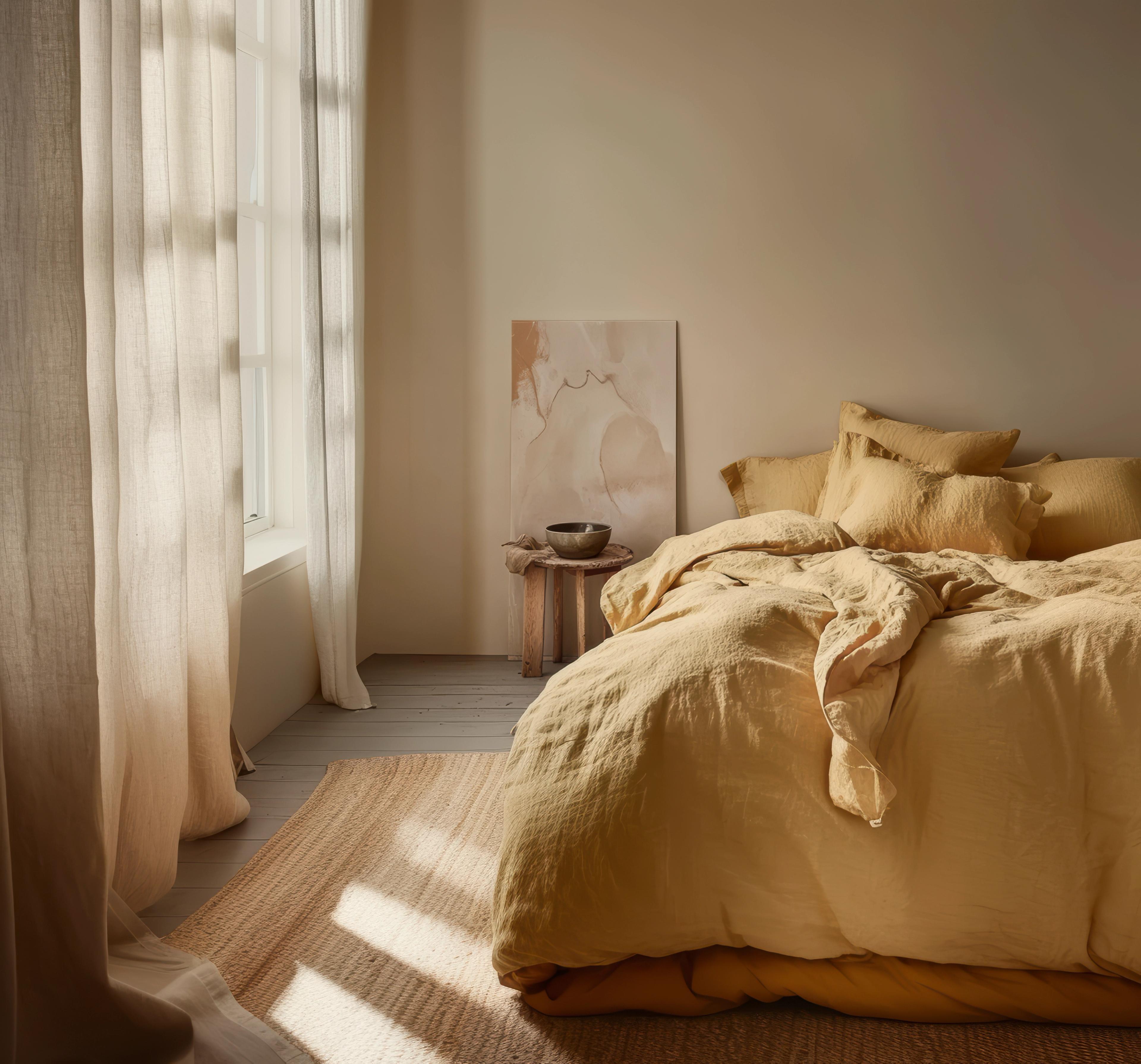 A sunlit bedroom features a bed with crumpled yellow linen bedding, sheer curtains, and a natural fiber rug.