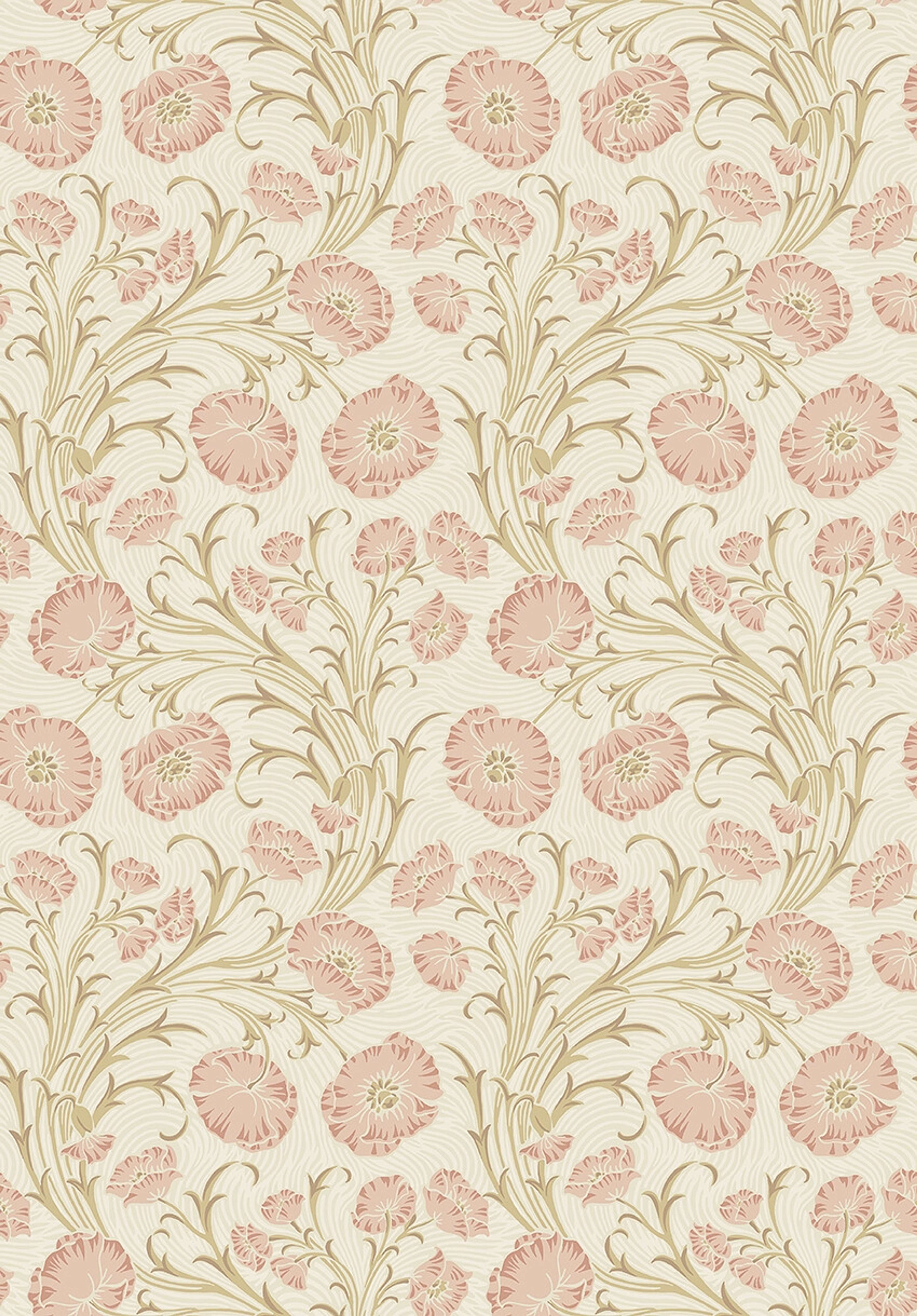 Poppy Flow blommor på beige botten tapet med blommigt mönster i rosa. Från kollektionen Treasured. Nonwoven-material med rak passning. Passar i kök, hall och arbetsrum.