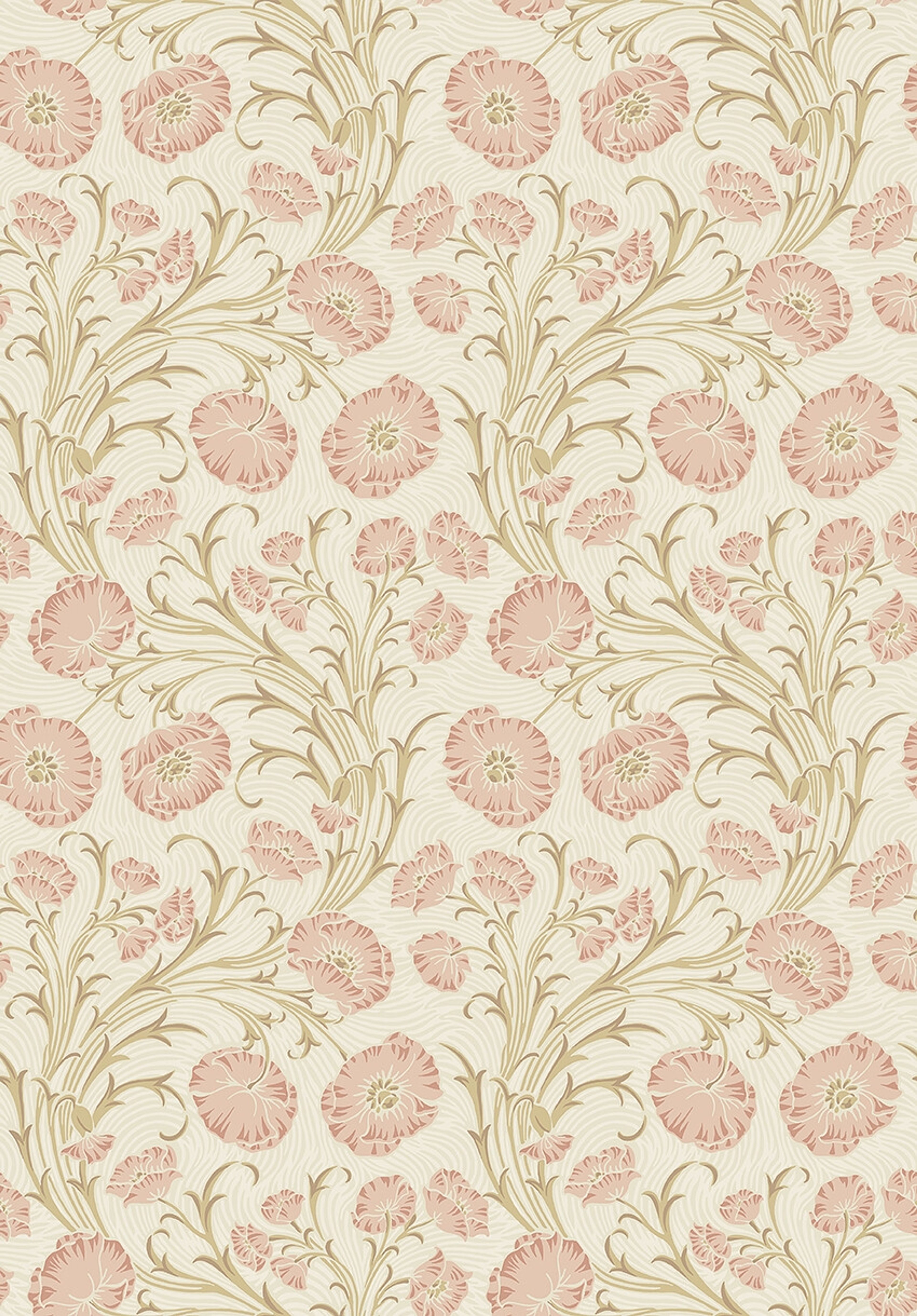Poppy Flow blommor på beige botten tapet med blommigt mönster i rosa. Från kollektionen Treasured. Nonwoven-material med rak passning. Passar i kök, hall och arbetsrum.