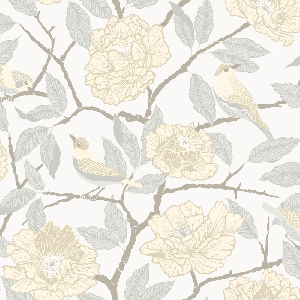 Bernadina tapet med blommigt mönster i vit. Från kollektionen Fågelsång. Nonwoven-material med förskjuten passning.