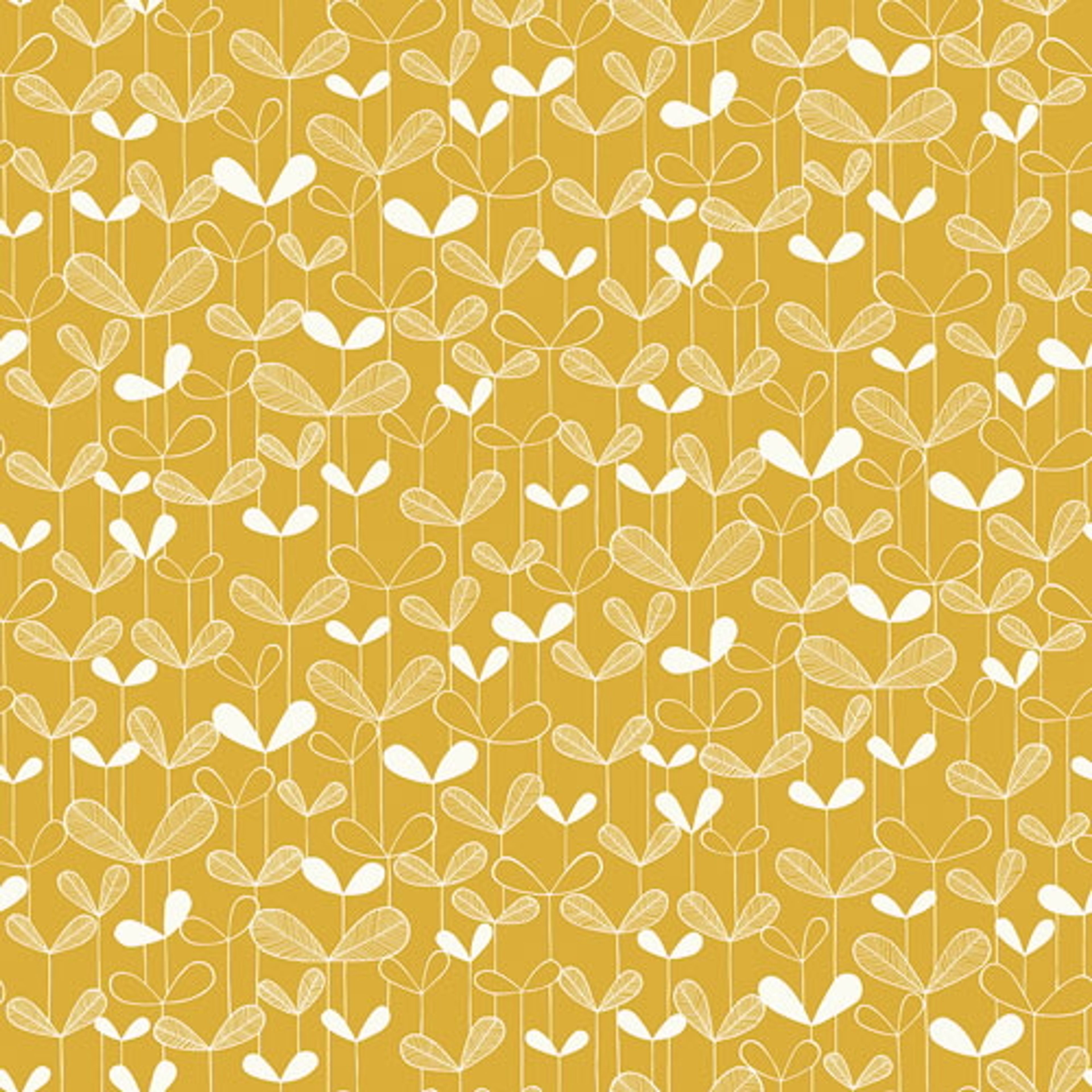 Saplings Sunflower tapet från Midbec med botaniskt, retro mönster i gul. Från kollektionen Kinfolk. Nonwoven-material med förskjuten passning. Vintage-stil.