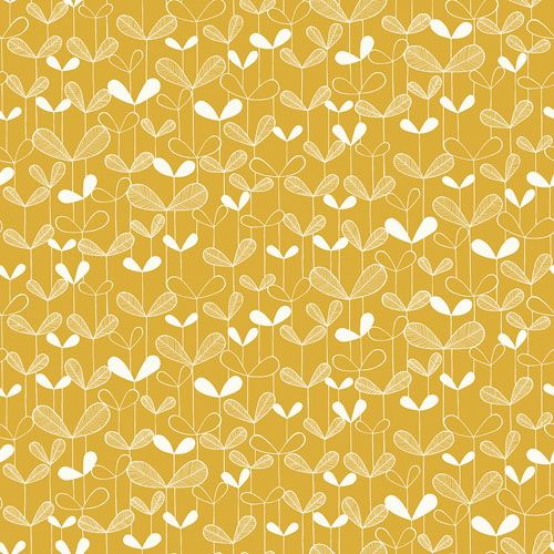 Saplings Sunflower tapet från Midbec med botaniskt, retro mönster i gul. Från kollektionen Kinfolk. Nonwoven-material med förskjuten passning. Vintage-stil.
