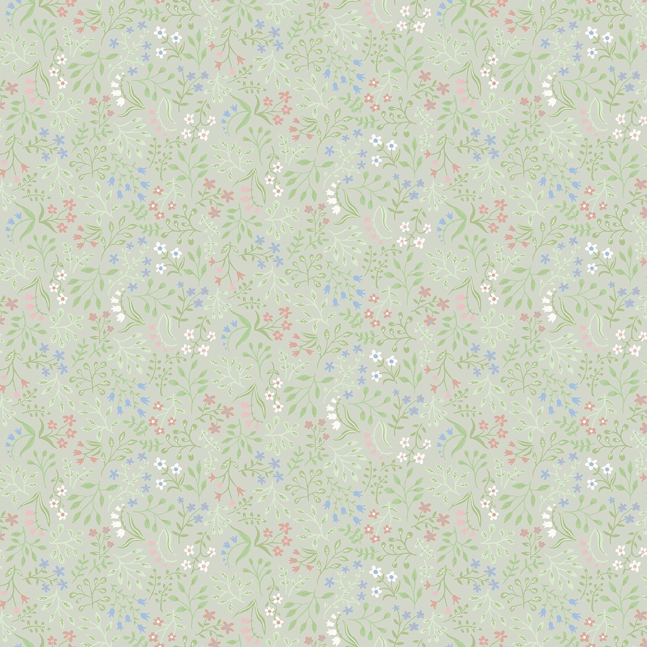 Marie tapet med blommigt mönster i grön. Från kollektionen Ängås. Nonwoven-material med förskjuten passning.