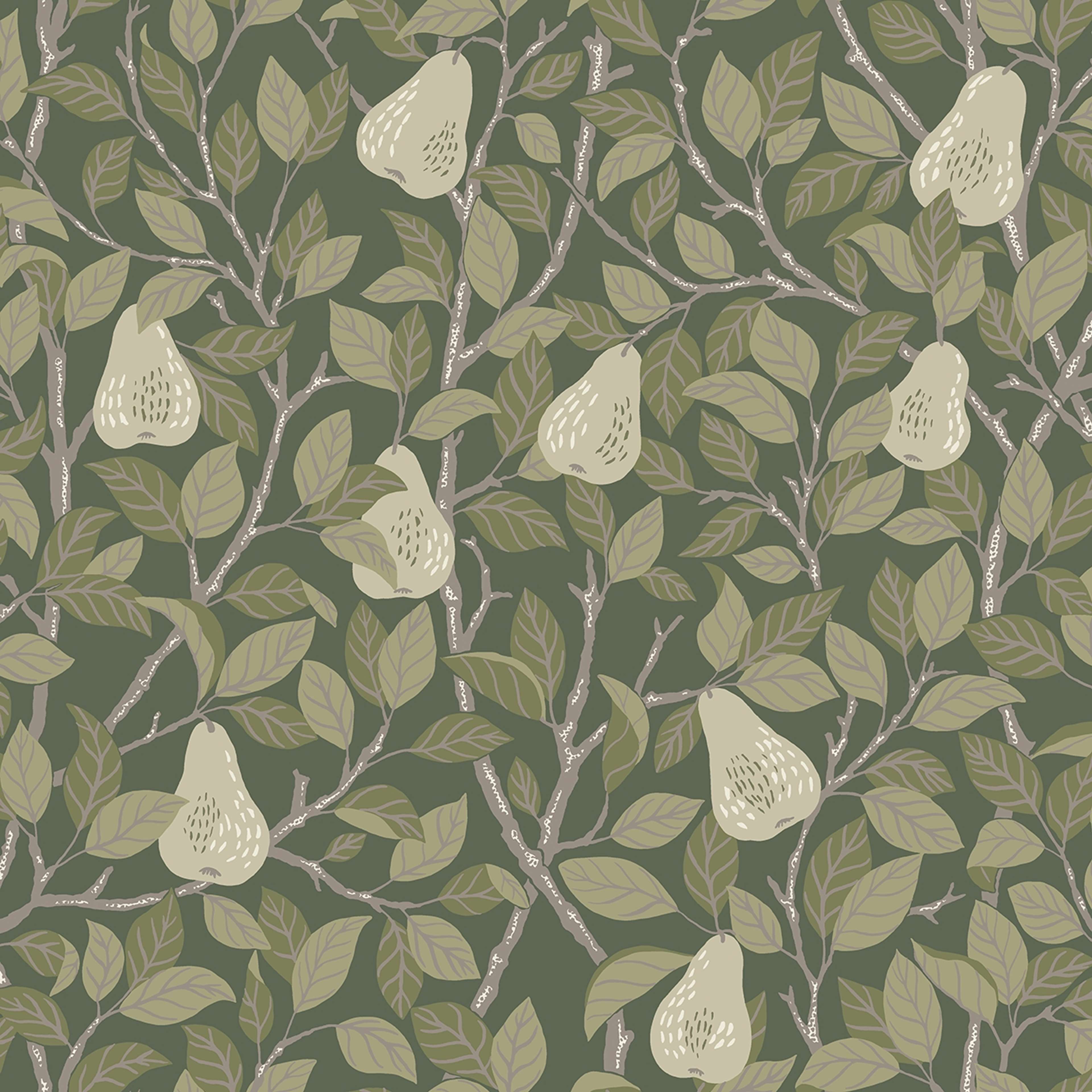Pirum tapet med botaniskt mönster i grön. Från kollektionen Ängås. Nonwoven-material med förskjuten passning. Country, city-stil.