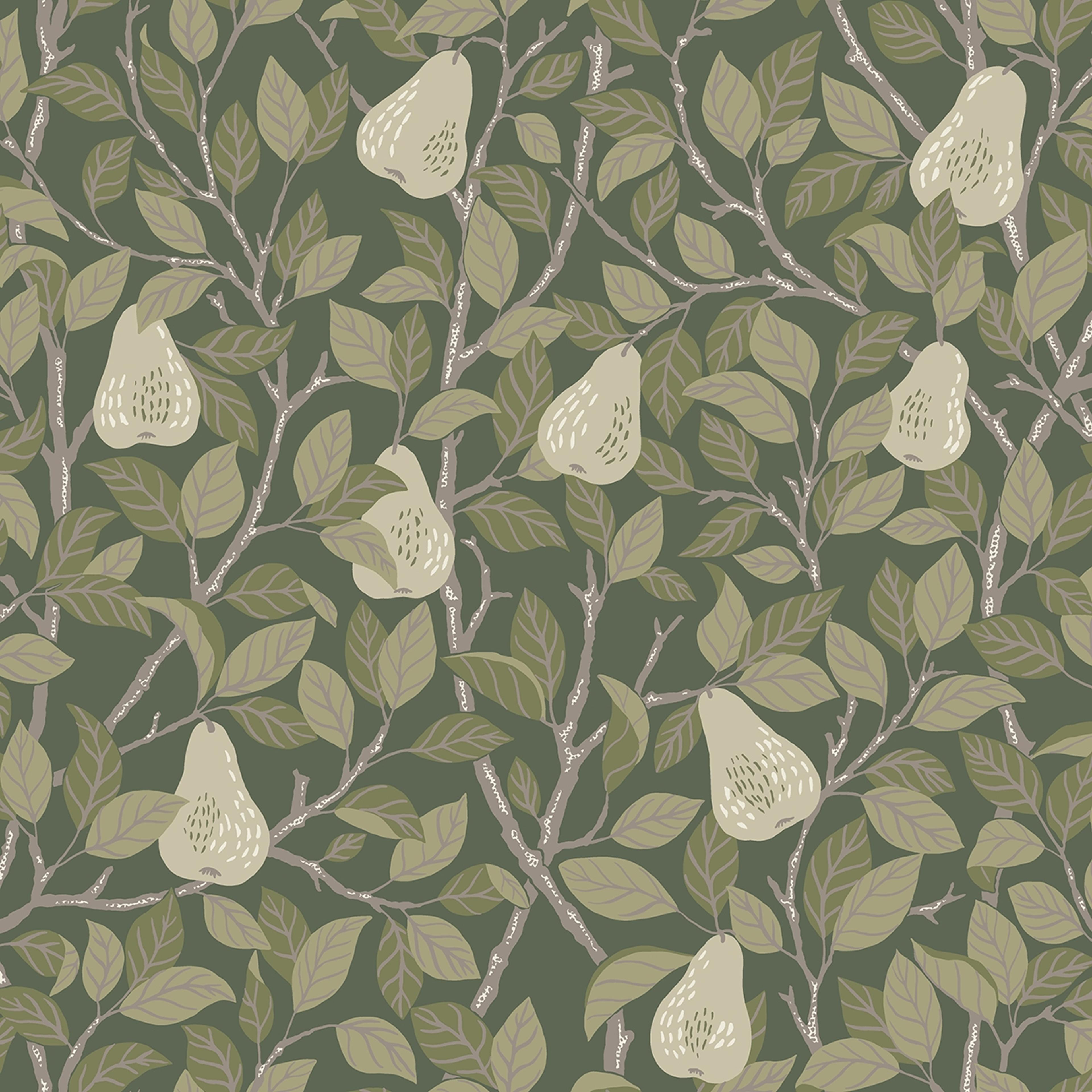 Pirum tapet med botaniskt mönster i grön. Från kollektionen Ängås. Nonwoven-material med förskjuten passning. Country, city-stil.