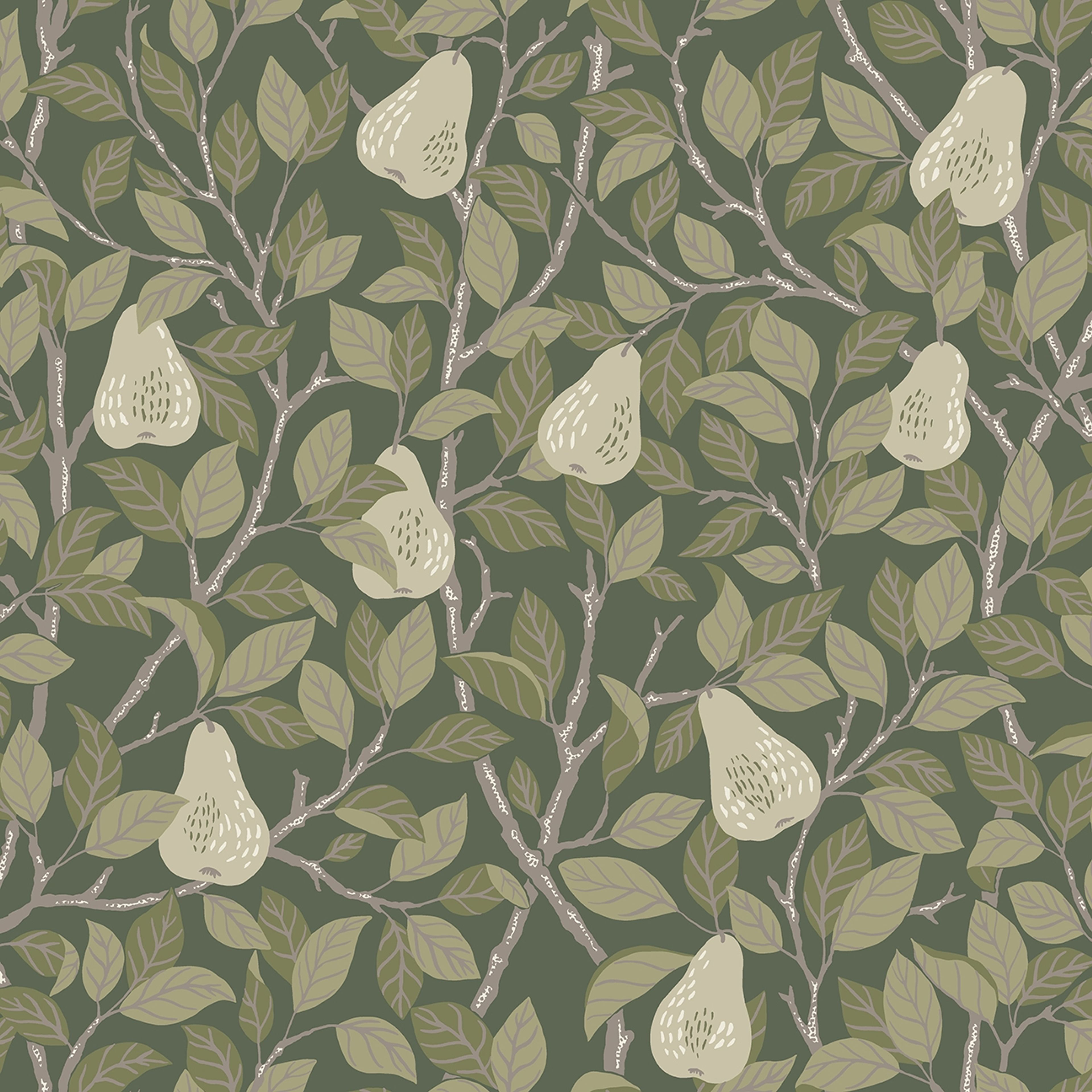 Pirum tapet med botaniskt mönster i grön. Från kollektionen Ängås. Nonwoven-material med förskjuten passning. Country, city-stil.
