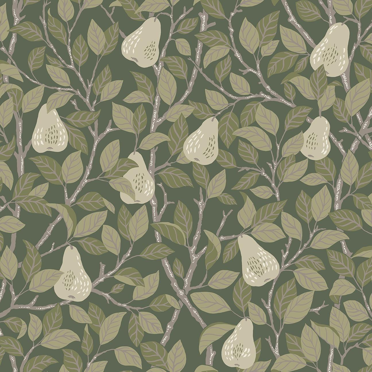 Pirum tapet med botaniskt mönster i grön. Från kollektionen Ängås. Nonwoven-material med förskjuten passning. Country, city-stil.