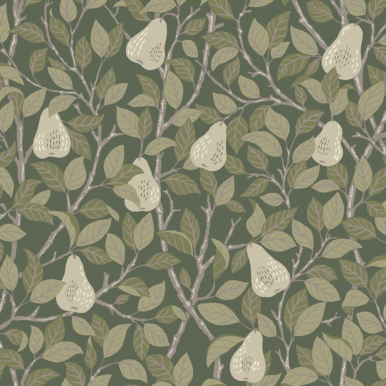 Pirum tapet med botaniskt mönster i grön. Från kollektionen Ängås. Nonwoven-material med förskjuten passning. Country, city-stil.