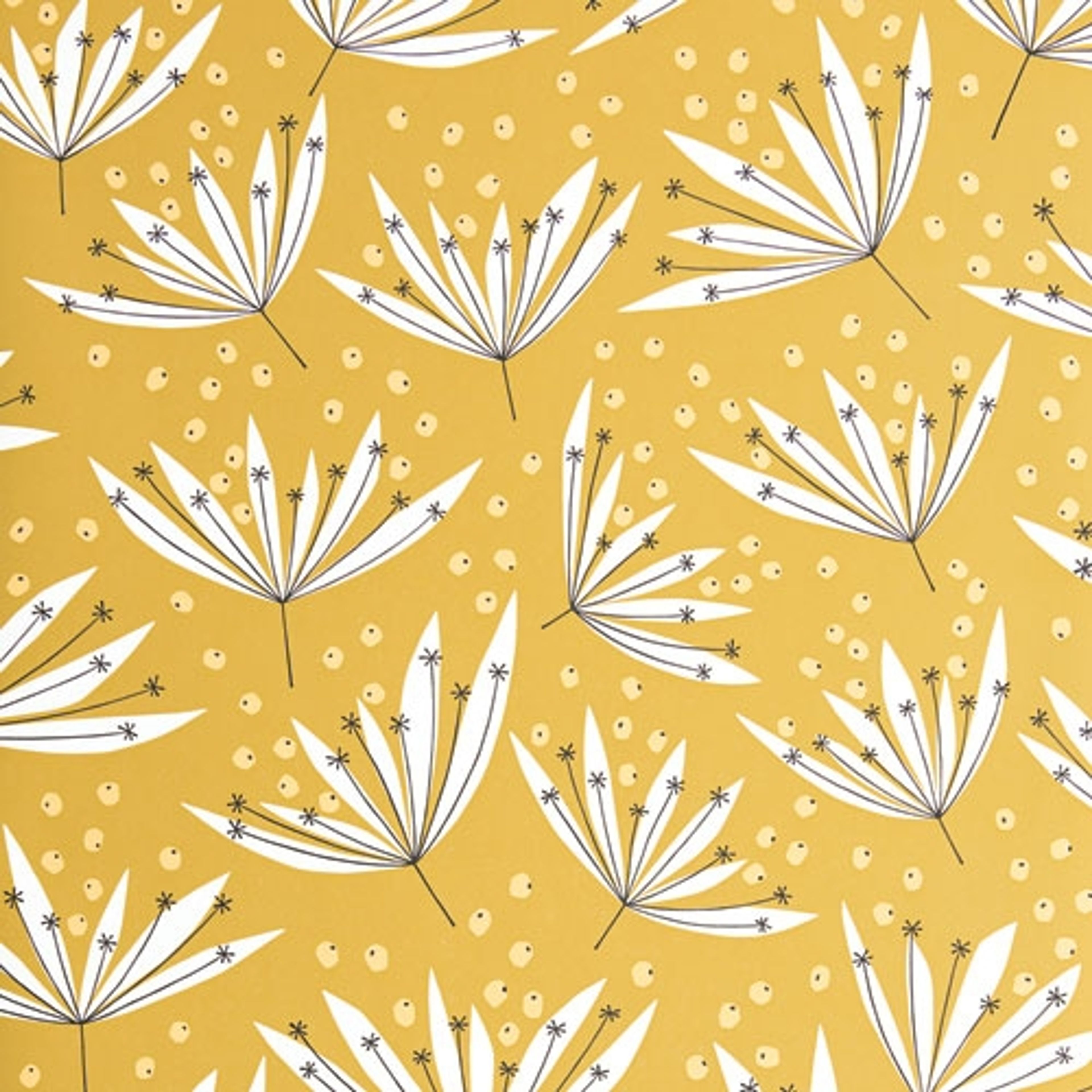 Wildflower Acacia tapet från Midbec med retro mönster i gul. Från kollektionen Pioneer. Nonwoven-material med förskjuten passning.