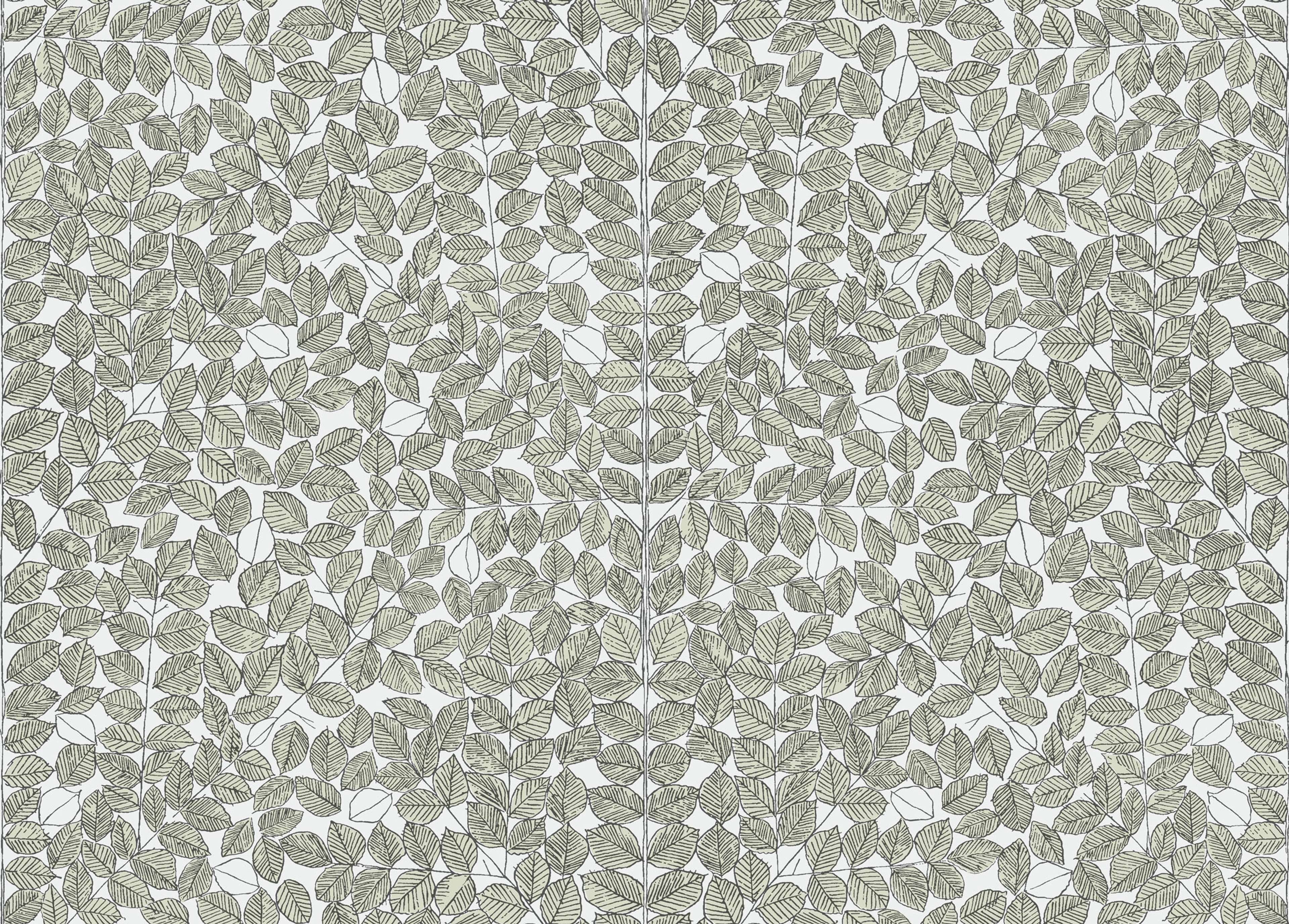 Romans tapet från Boråstapeter med botaniskt, retro mönster i vit, svart och grön. Från kollektionen Scandinavian Designers II. Nonwoven-material med förskjuten passning.