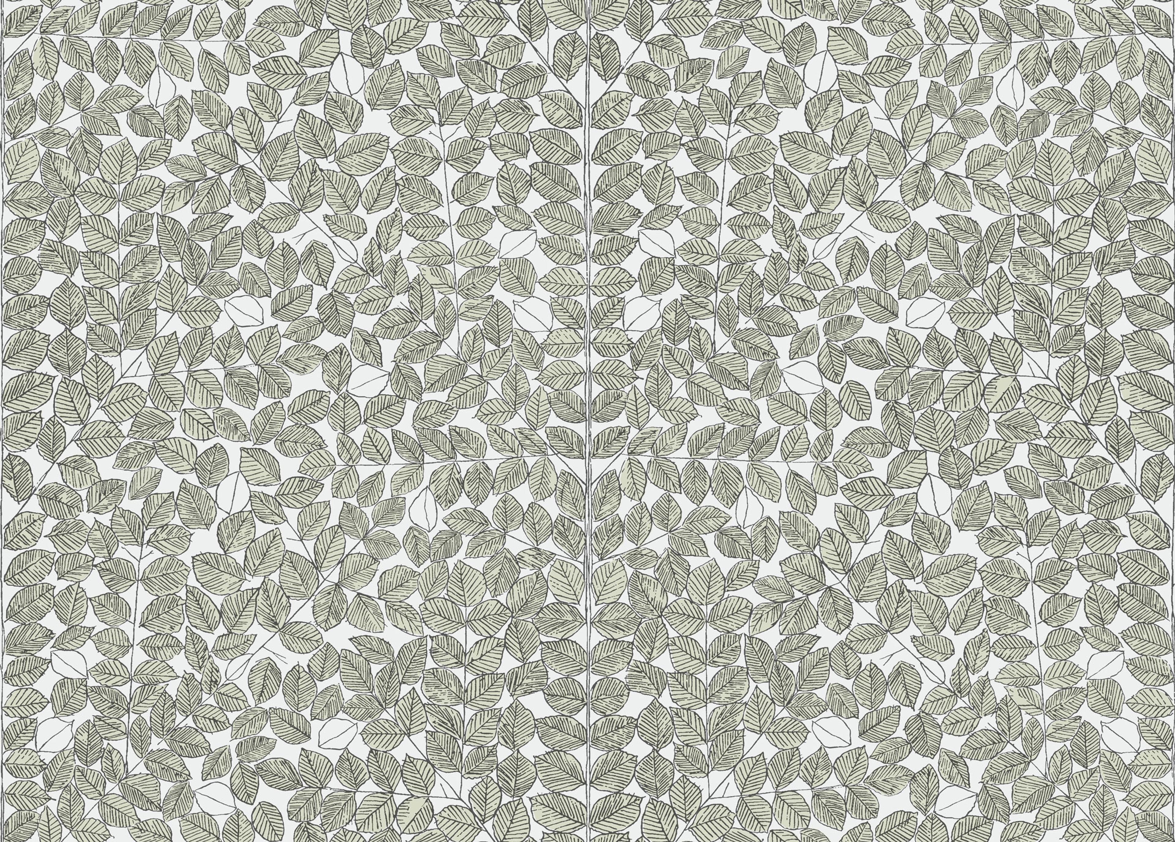 Romans tapet från Boråstapeter med botaniskt, retro mönster i vit, svart och grön. Från kollektionen Scandinavian Designers II. Nonwoven-material med förskjuten passning.