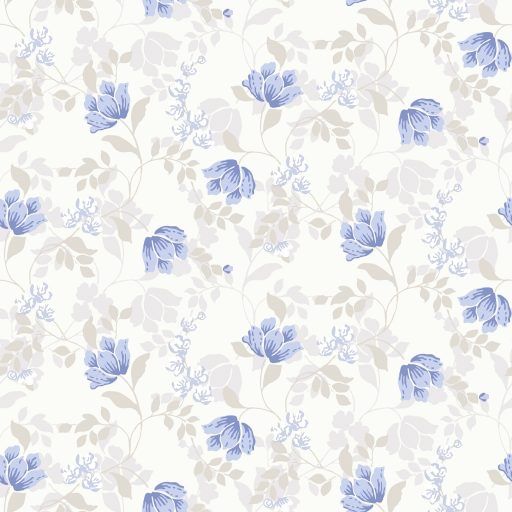 Malin, Blå tapet från duro med blommigt mönster i vit och beige. Från kollektionen Spira. Nonwoven-material med rak passning. Country, city-stil.