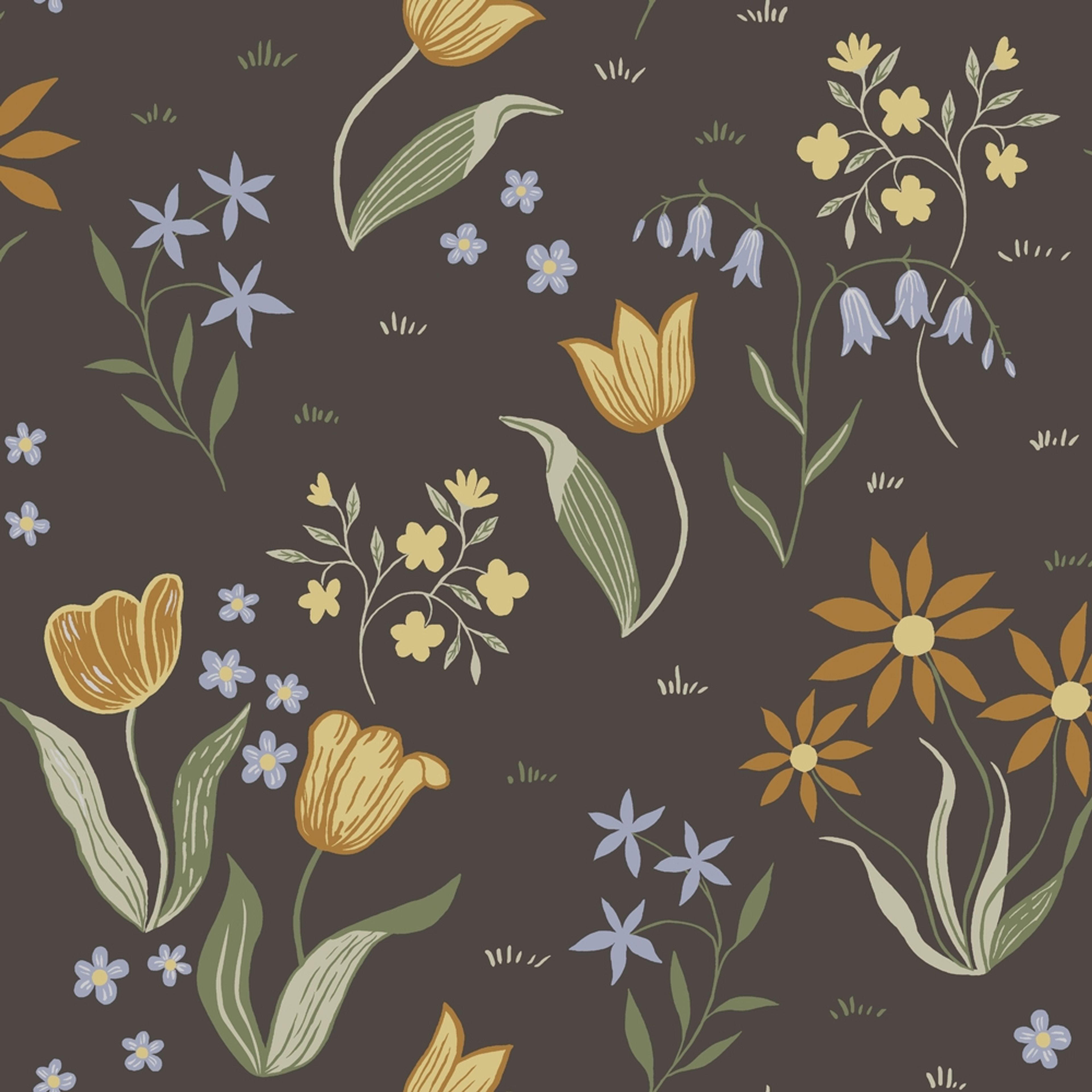 Tulpandans, brun tapet tapet med blommigt mönster i brun. Från kollektionen Långenäs. Nonwoven-material med förskjuten passning.