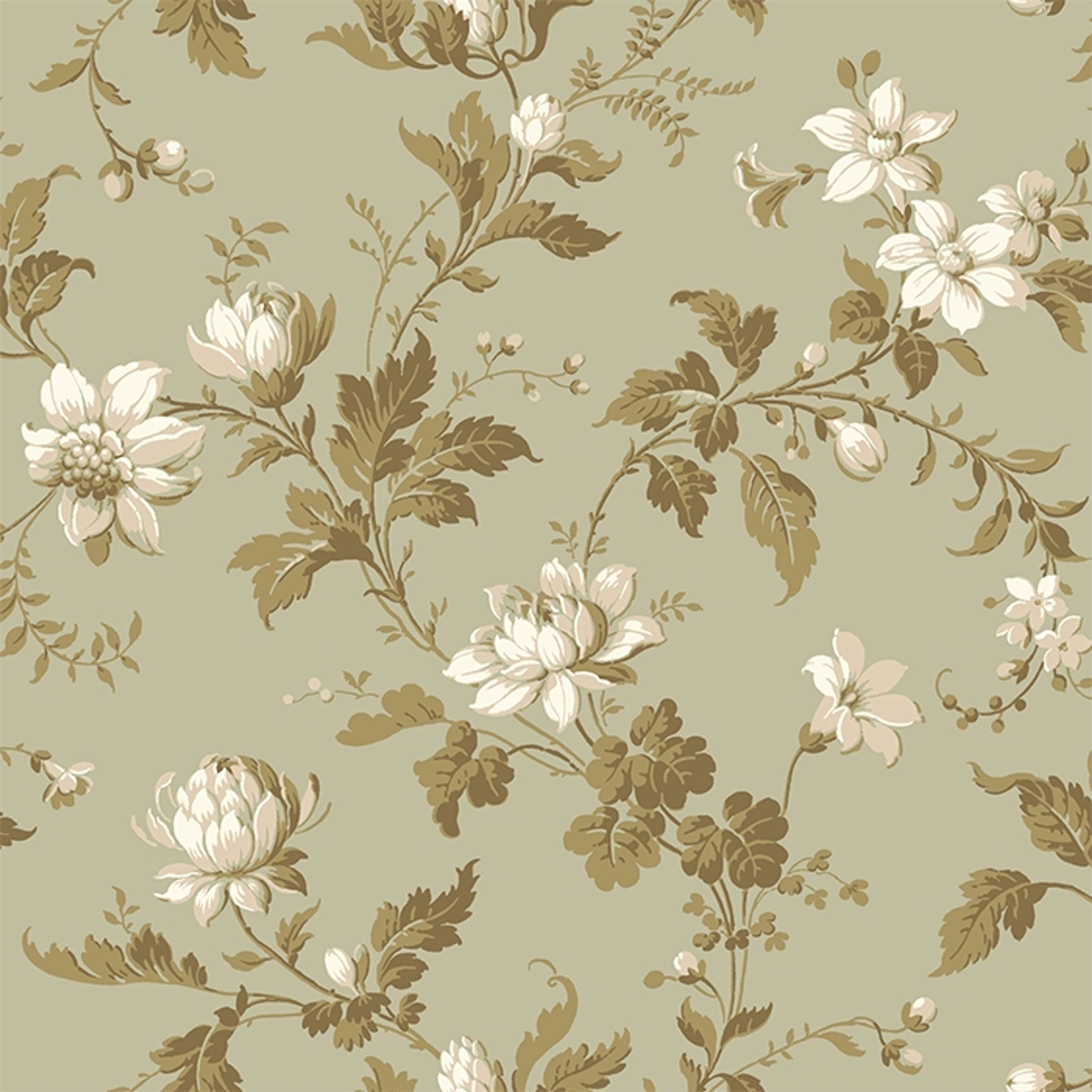 Blomslinga, lindblomsgrön botten tapet från Boråstapeter med blommigt mönster i vit, grön och beige. Från kollektionen anno. Nonwoven-material med förskjuten passning. Passar i sovrum och matsal.