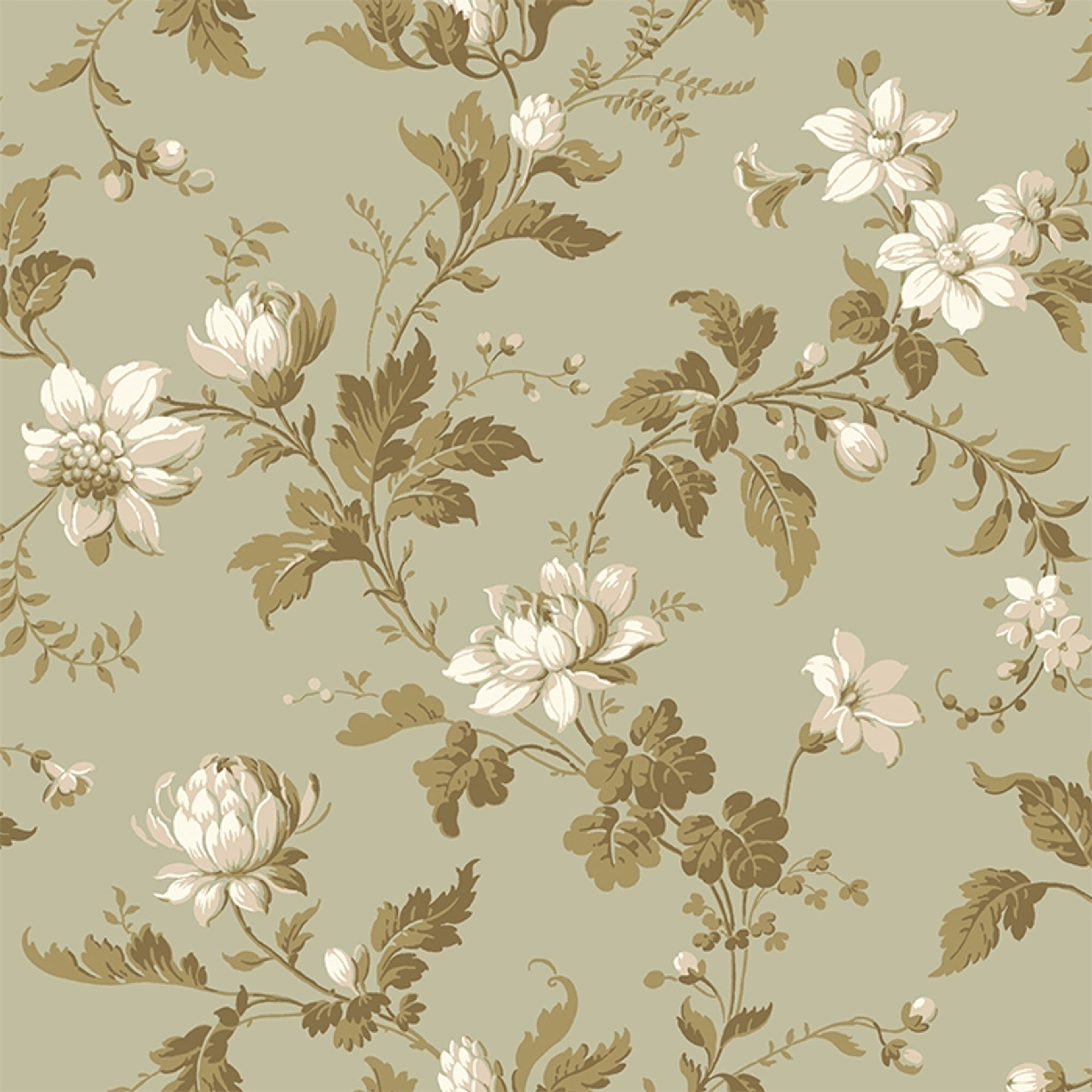 Blomslinga, lindblomsgrön botten tapet från Boråstapeter med blommigt mönster i vit, grön och beige. Från kollektionen anno. Nonwoven-material med förskjuten passning. Passar i sovrum och matsal.