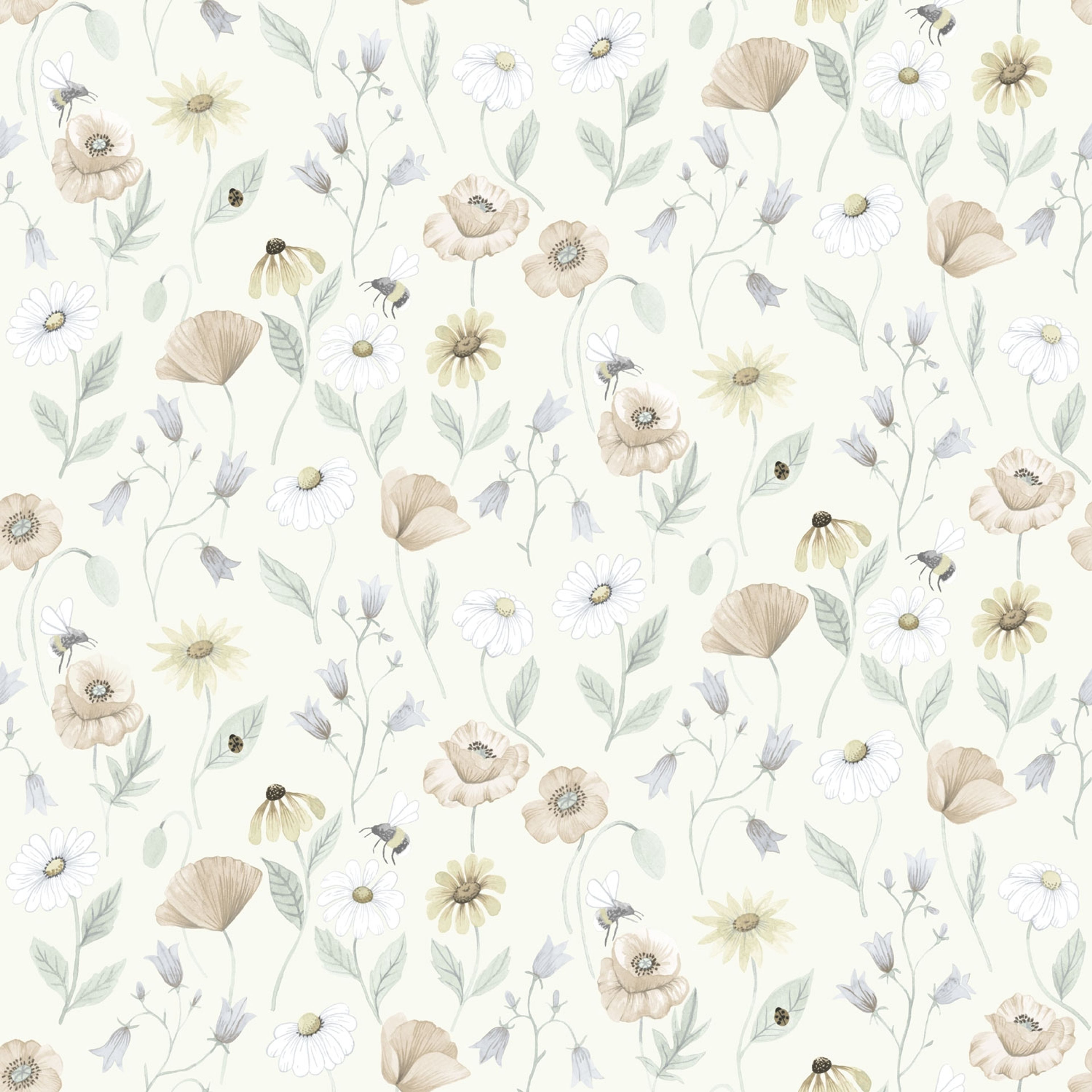 Blåklocka tapet med blommigt mönster i vit. Från kollektionen Rosenlycka. Nonwoven-material med rak passning. Passar i vardagsrum, sovrum och matsal.