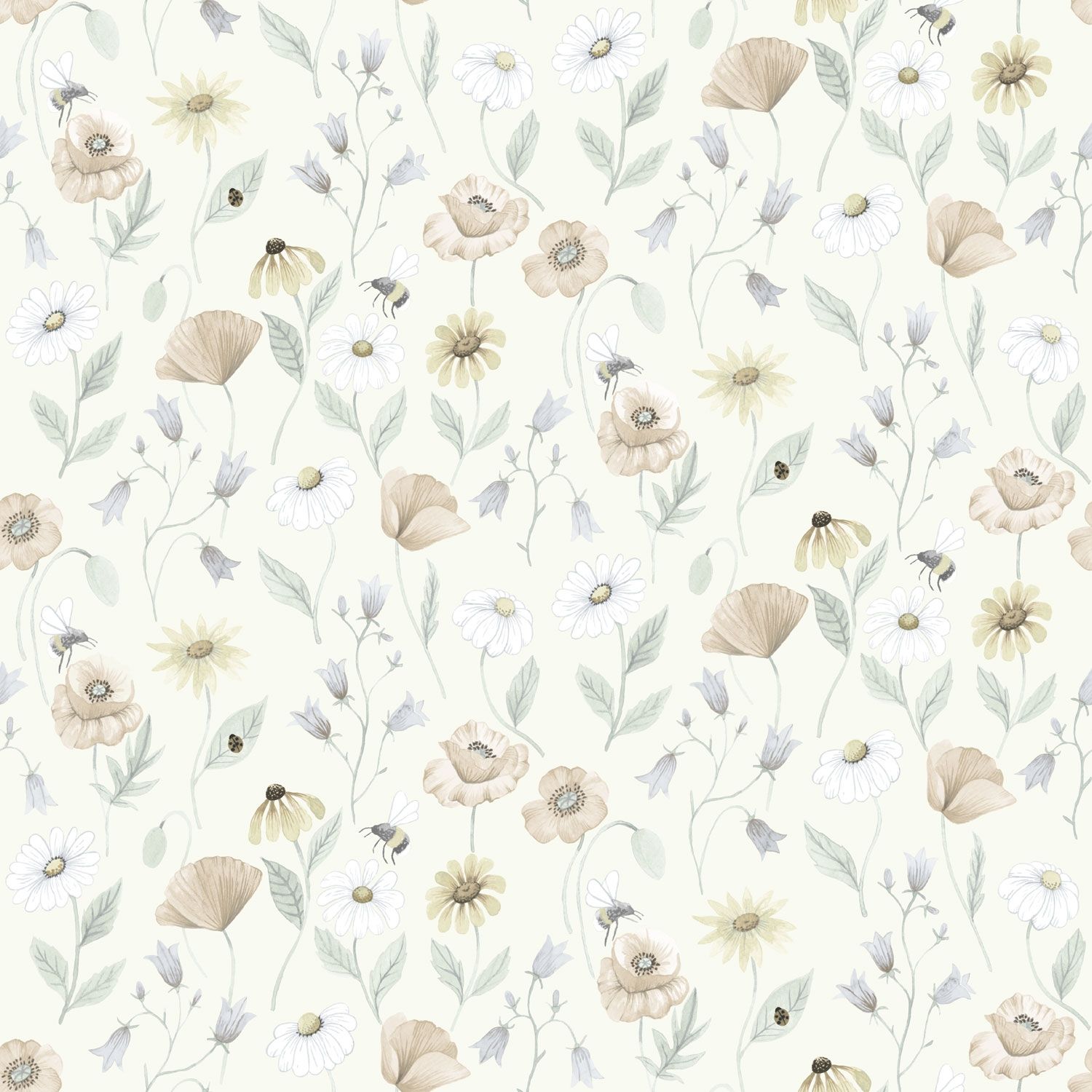 Blåklocka tapet med blommigt mönster i vit. Från kollektionen Rosenlycka. Nonwoven-material med rak passning. Passar i vardagsrum, sovrum och matsal.