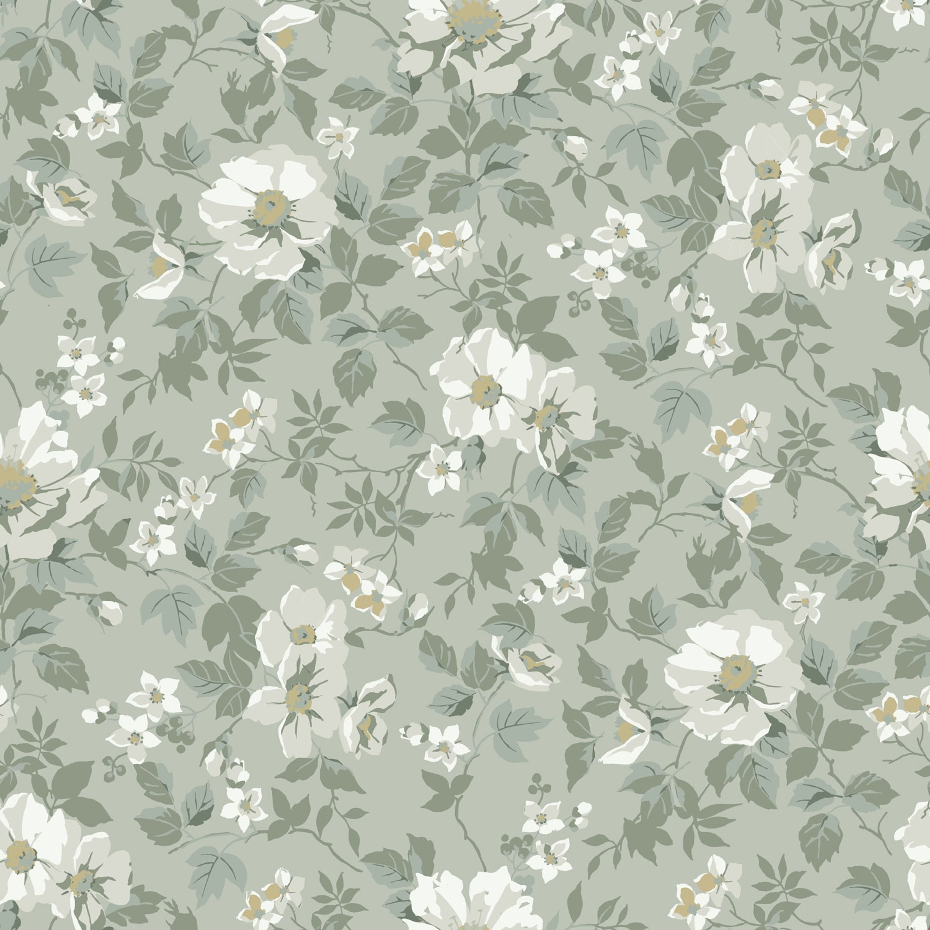 Johanna, ljusgrön tapet tapet med blommigt mönster i grön. Från kollektionen Örtagård. Nonwoven-material med rak passning.