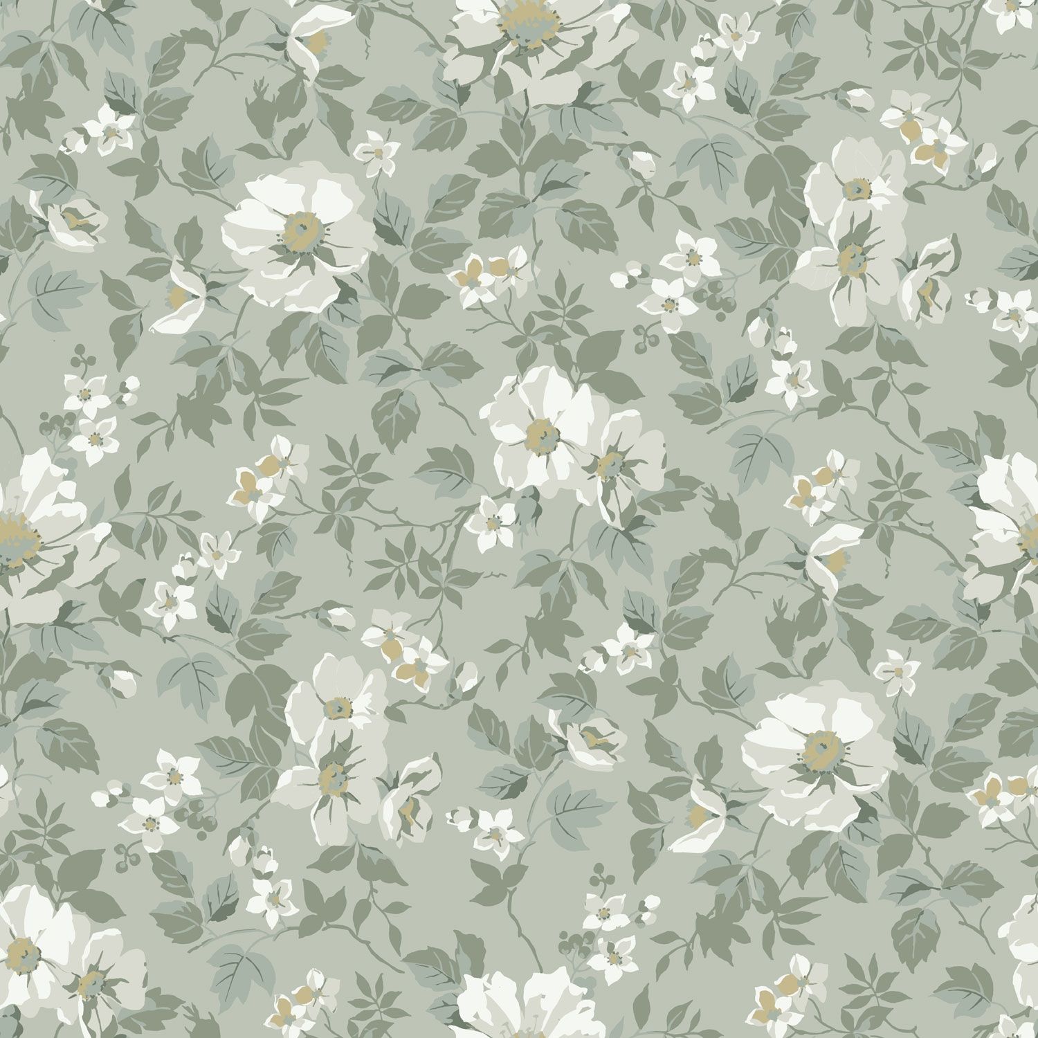 Johanna, ljusgrön tapet tapet med blommigt mönster i grön. Från kollektionen Örtagård. Nonwoven-material med rak passning.