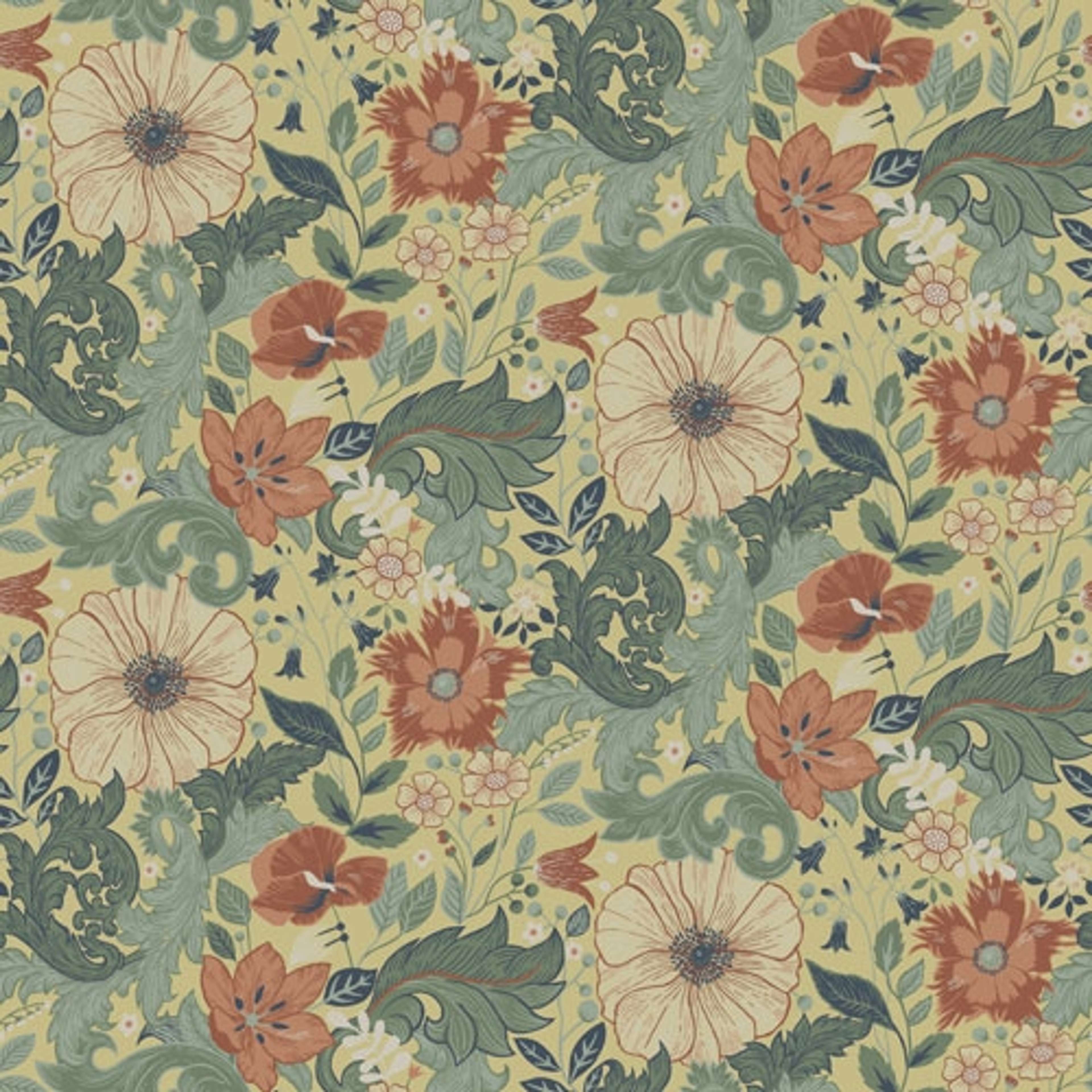 Victor tapet med blommigt mönster i gul och grön. Från kollektionen Ängås. Nonwoven-material med rak passning. Country-stil.