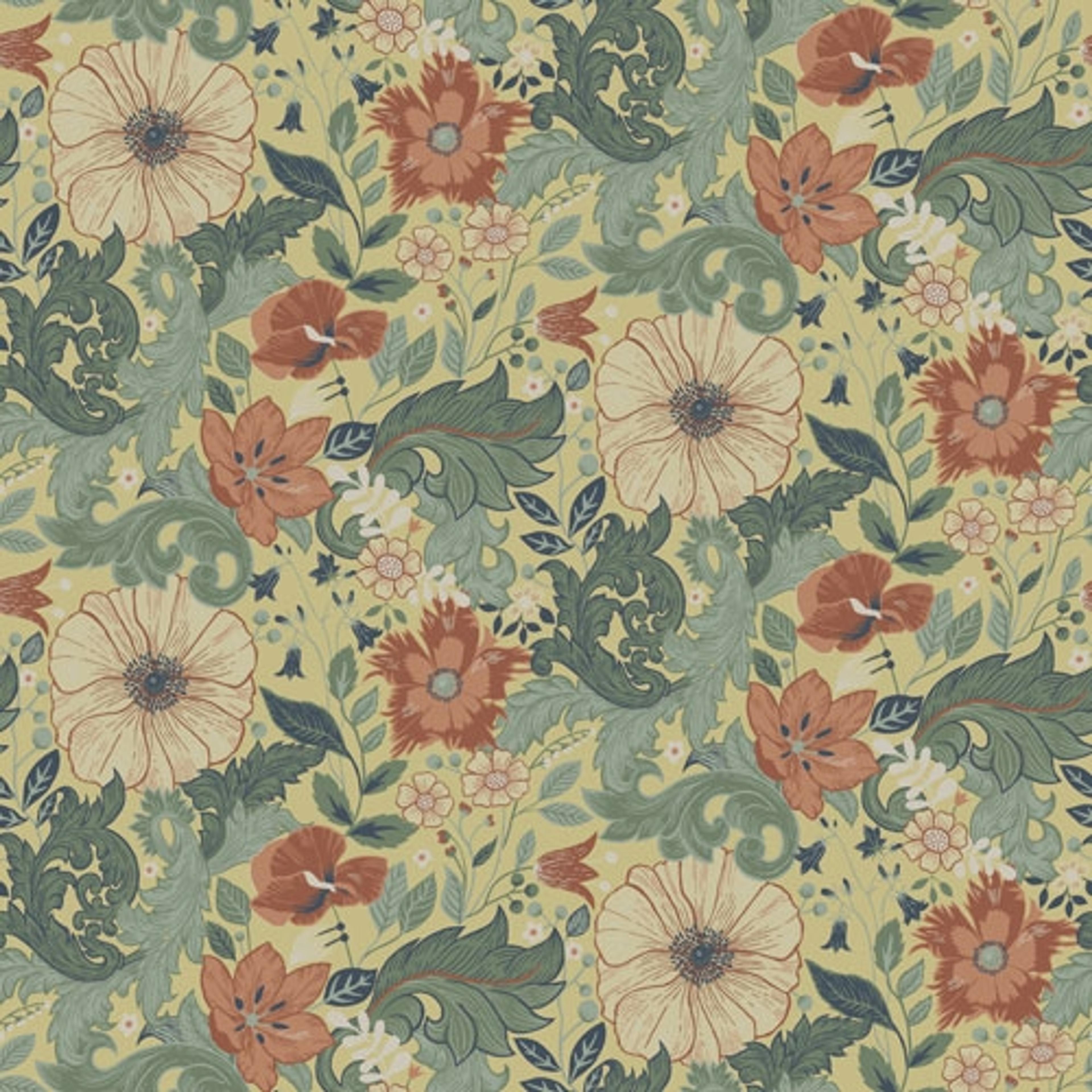 Victor tapet med blommigt mönster i gul och grön. Från kollektionen Ängås. Nonwoven-material med rak passning. Country-stil.