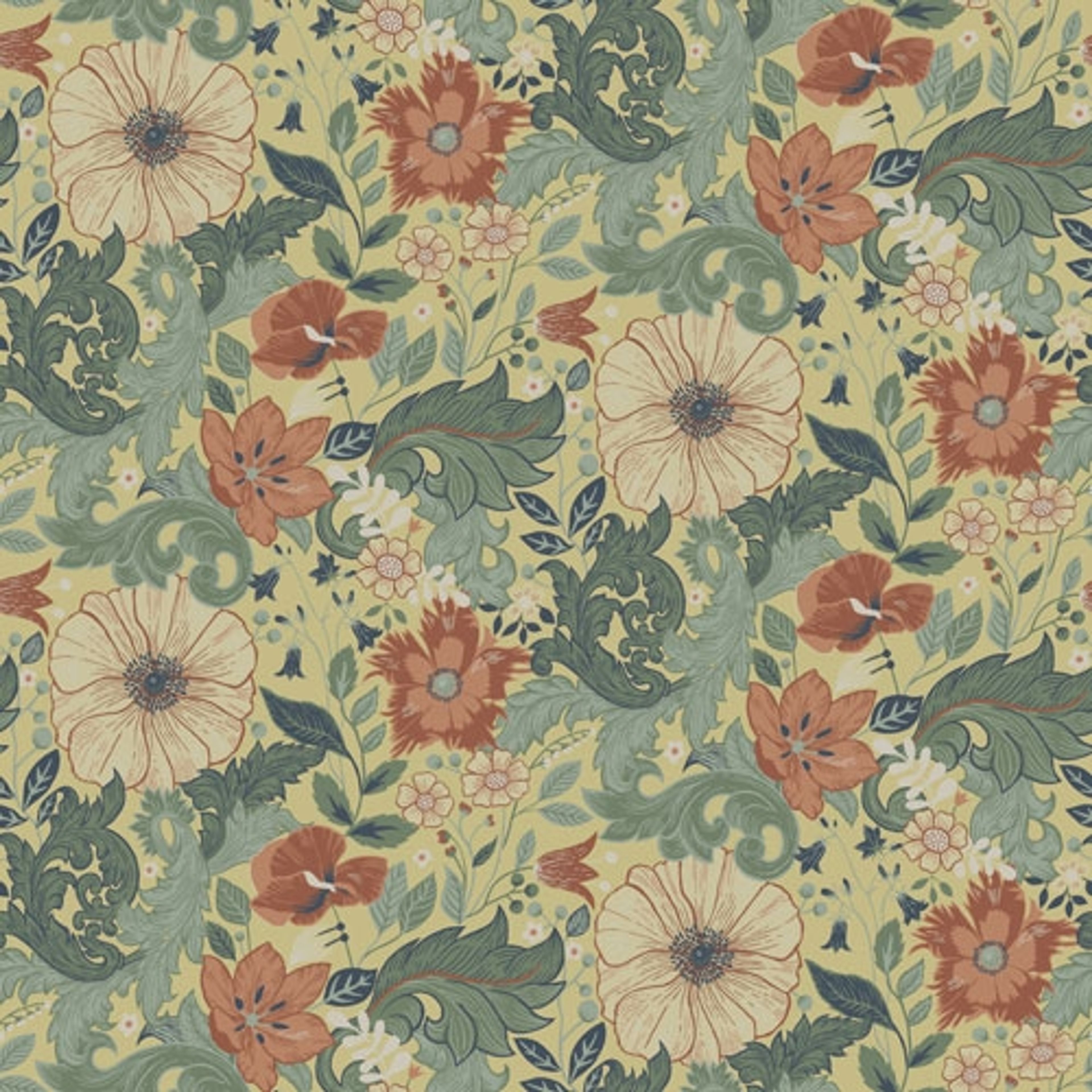 Victor tapet med blommigt mönster i gul och grön. Från kollektionen Ängås. Nonwoven-material med rak passning. Country-stil.